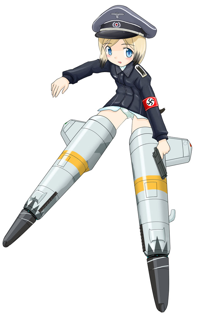 bat11, cyber (cyber knight), erica hartmann, strike witches, world witches series, md5 mismatch, resolution mismatch, source larger, 00s, 1girl, blonde hair, female focus, gun, handgun, hat, nazi, panties, peaked cap, pistol, short hair, solo, striker unit, swastika, underwear, weapon, world war ii