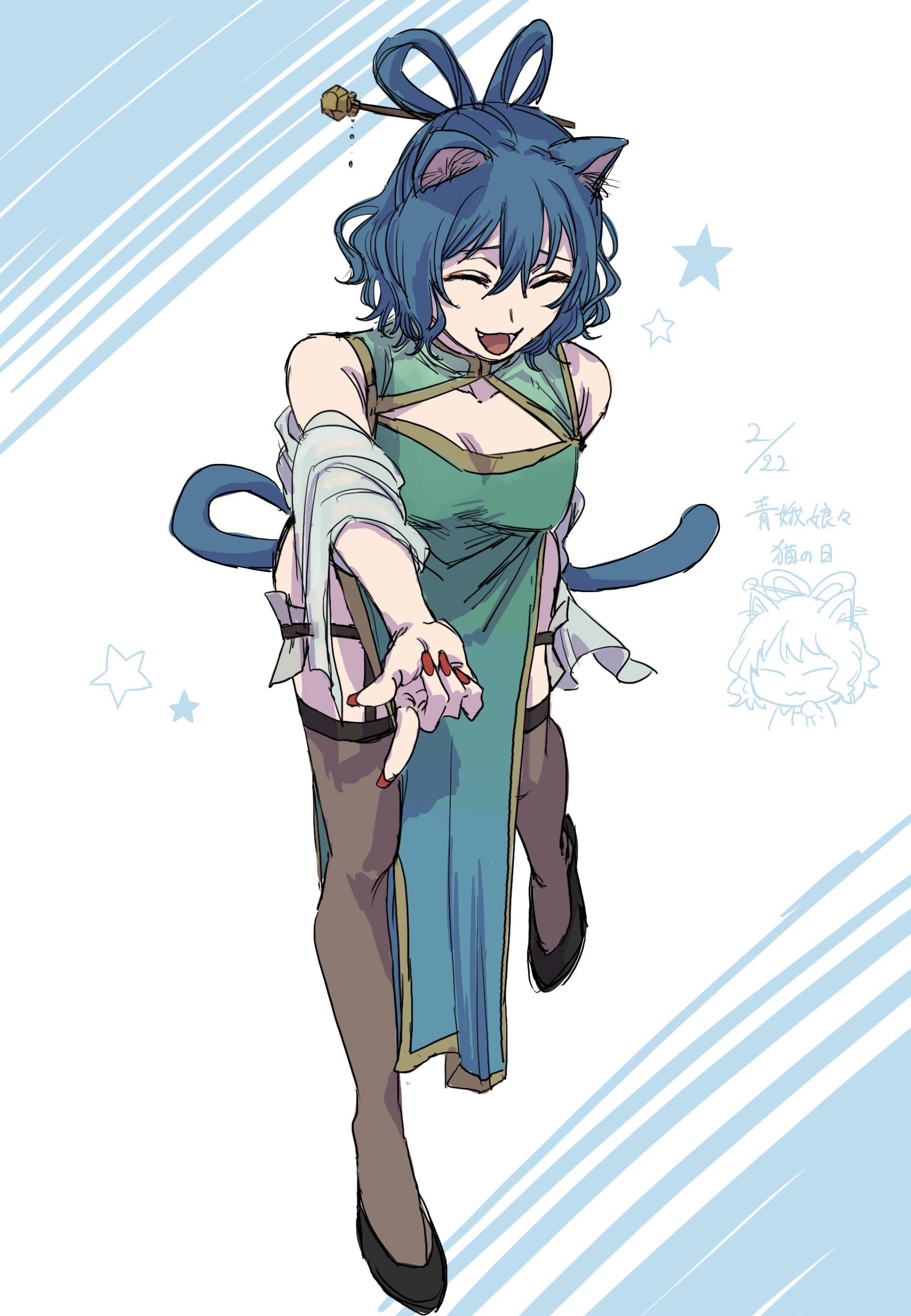 krmtknkoo1582, kaku seiga, touhou, absurdres, commentary request, highres, translation request, 1girl, ^ ^, alternate costume, animal ear fluff, animal ears, aqua dress, black shoes, blue background, blue dress, blue hair, blue sleeves, bow-shaped hair, breasts, cat ears, cat girl, cat tail, chibi, china dress, chinese clothes, cleavage, cleavage cutout, closed eyes, clothing cutout, collared dress, cropped torso, dated, detached sleeves, dress, fangs, flats, frilled sleeves, frilled thigh strap, frills, full body, gradient clothes, gradient dress, grey thighhighs, hair between eyes, hair ornament, hair rings, hairpin, happy, kemonomimi mode, long sleeves, mandarin collar, medium breasts, multiple views, nail polish, open mouth, pelvic curtain, pointing, pointing forward, red nails, ribbed thighhighs, shoes, short hair, sleeveless, sleeveless dress, smile, star (symbol), tail, thigh strap, thighhighs, two-tone background, two-tone dress, wavy hair, white background
