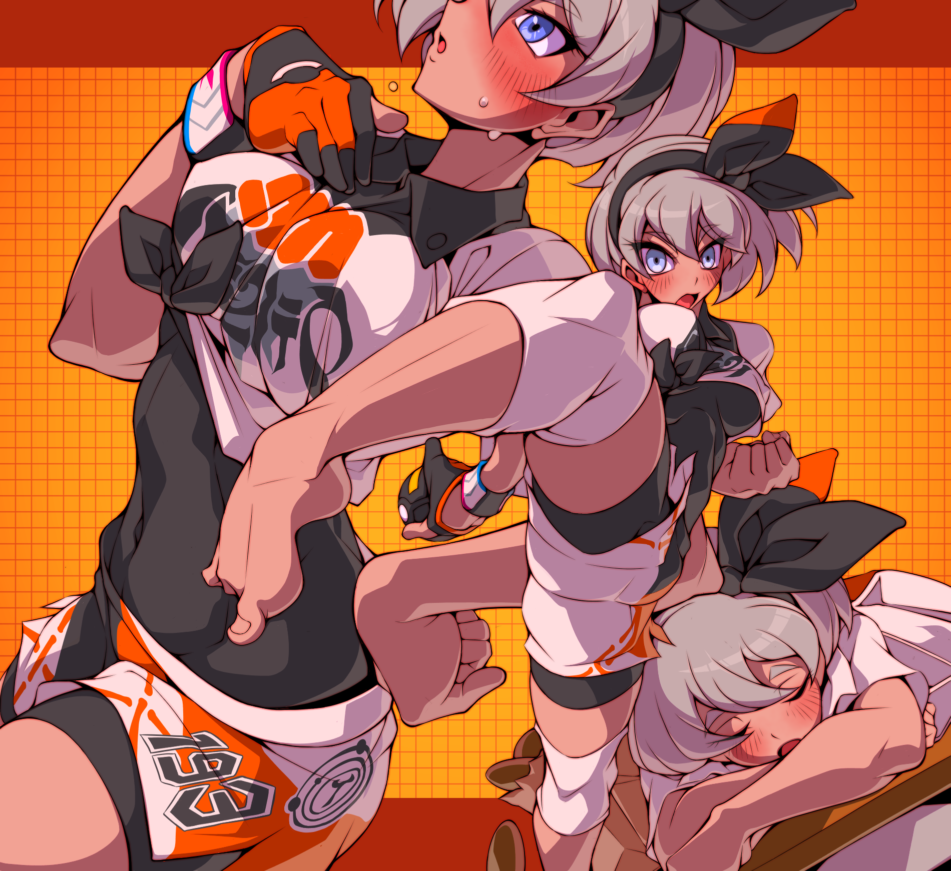 yoshitsuki, bea (pokemon), nintendo, pokemon, pokemon swsh, highres, 1girl, bag, barefoot, blue eyes, blush, bodysuit, bodysuit under clothes, bow, breasts, clenched hand, covered navel, cowboy shot, crossed arms, dark-skinned female, dark skin, desk, donut, food, gloves, grid background, hair bow, hair ribbon, kicking, knee pads, leaning forward, lips, looking at viewer, medium breasts, official alternate costume, open mouth, orange background, parted lips, ribbon, school uniform, shirt, shorts, single glove, sleeping, solo, sweat, tied shirt, zzz