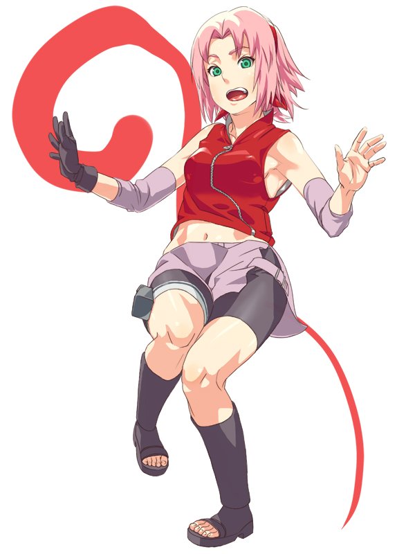 baro, haruno sakura, naruto (classic), naruto (series), naruto shippuuden, alternate breast size, toeless footwear, bad id, bad pixiv id, 1girl, arm warmers, bandages, bare shoulders, bike shorts, black boots, black gloves, boots, breasts, female focus, full body, gloves, green eyes, headband, headdress, holster, knee boots, knees together feet apart, looking at viewer, miniskirt, navel, ninja, open mouth, pigeon-toed, pink hair, pink skirt, red shirt, shiny clothes, shirt, shoes, short hair, shorts, shorts under skirt, side slit, skin tight, skirt, sleeveless, sleeveless shirt, solo, spandex, thigh holster, thigh strap, toes, zipper