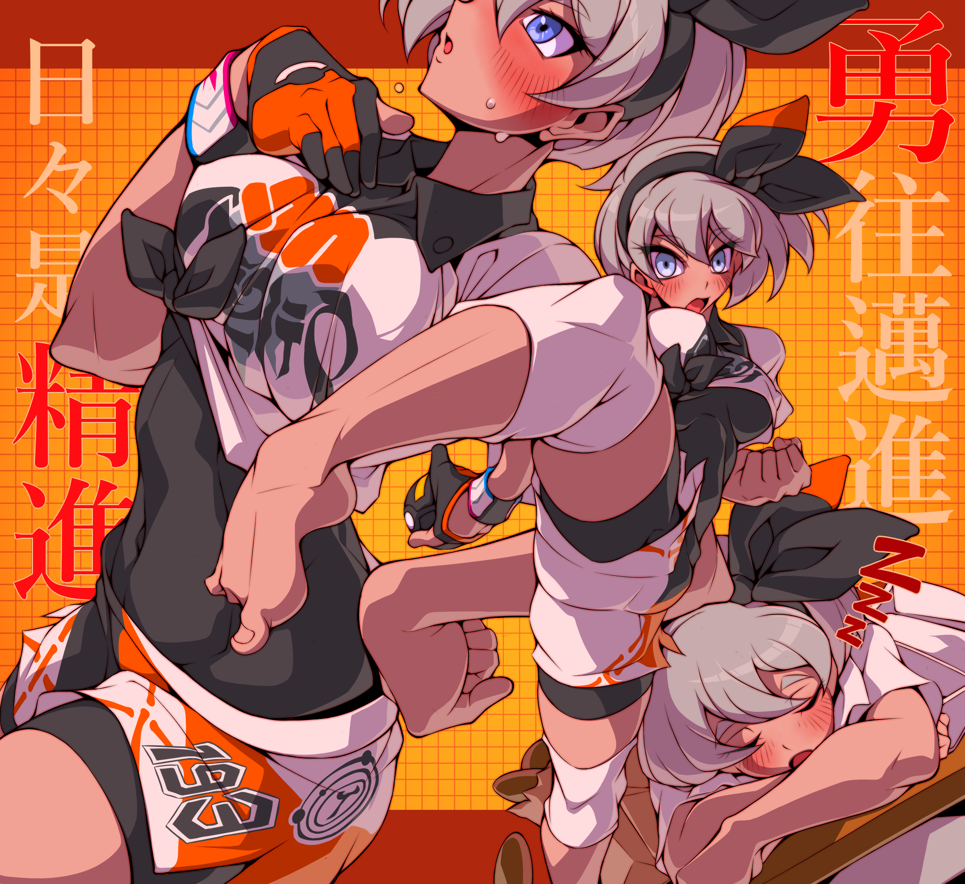 yoshitsuki, bea (pokemon), nintendo, pokemon, pokemon swsh, highres, 1girl, bag, barefoot, blue eyes, blush, bodysuit, bodysuit under clothes, bow, breasts, clenched hand, covered navel, cowboy shot, crossed arms, dark-skinned female, dark skin, desk, donut, food, gloves, grid background, hair bow, hair ribbon, japanese text, kicking, knee pads, leaning forward, lips, looking at viewer, medium breasts, official alternate costume, open mouth, orange background, parted lips, ribbon, school uniform, shirt, shorts, single glove, sleeping, solo, sweat, tied shirt, zzz
