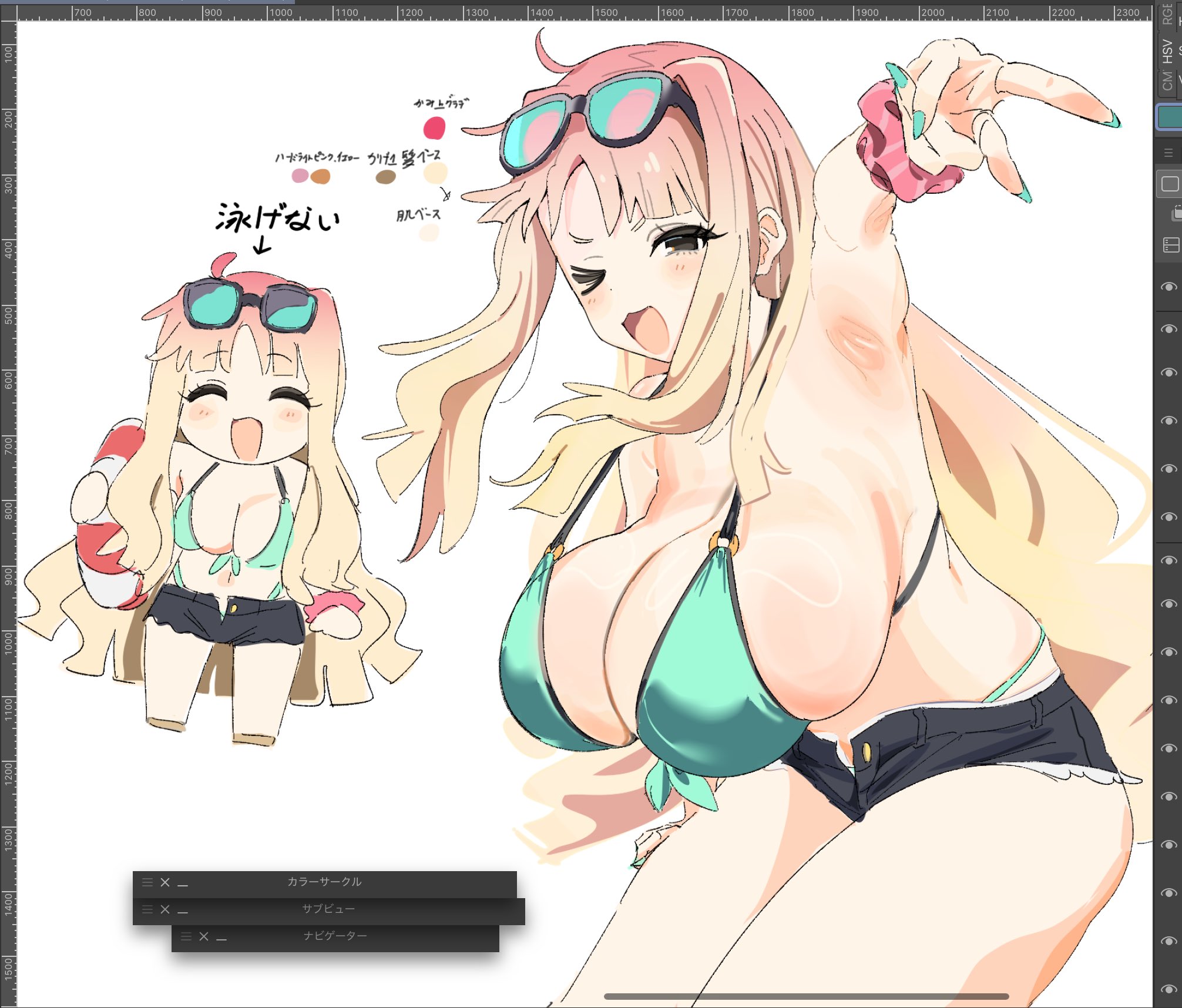 osakana (kitasisn), clip studio paint, original, highres, translation request, > o, 1girl, :3, :d, ^ ^, ahoge, aqua-tinted eyewear, aqua bikini, armpits, art program in frame, bare arms, bare legs, bikini, black eyes, black shorts, blonde hair, blunt ends, blush, breasts, chibi, cleavage, closed eyes, cowboy shot, eyewear on head, gradient hair, gyaru, holding, holding swim ring, innertube, large breasts, long hair, micro shorts, multicolored hair, multiple views, o-ring, o-ring bikini, o-ring top, one eye closed, open mouth, panty straps, pink scrunchie, scrunchie, shorts, smile, swim ring, swimsuit, tinted eyewear, v-shaped eyebrows, very long hair, wrist scrunchie