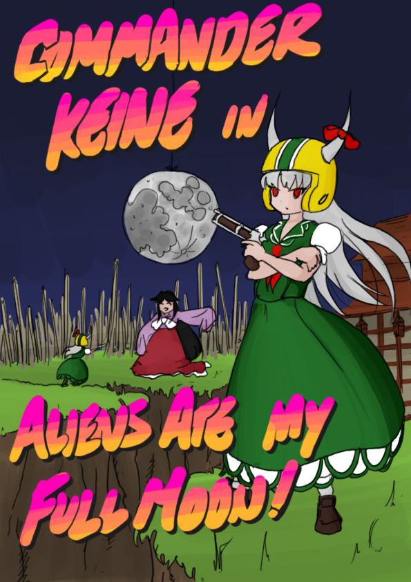 ex-keine, houraisan kaguya, kamishirasawa keine, commander keen, touhou, silver hair, non-web source, 2girls, bamboo, dress, english text, female focus, full moon, gun, handgun, helmet, horns, long hair, moon, multiple girls, parody, pistol, red eyes, weapon
