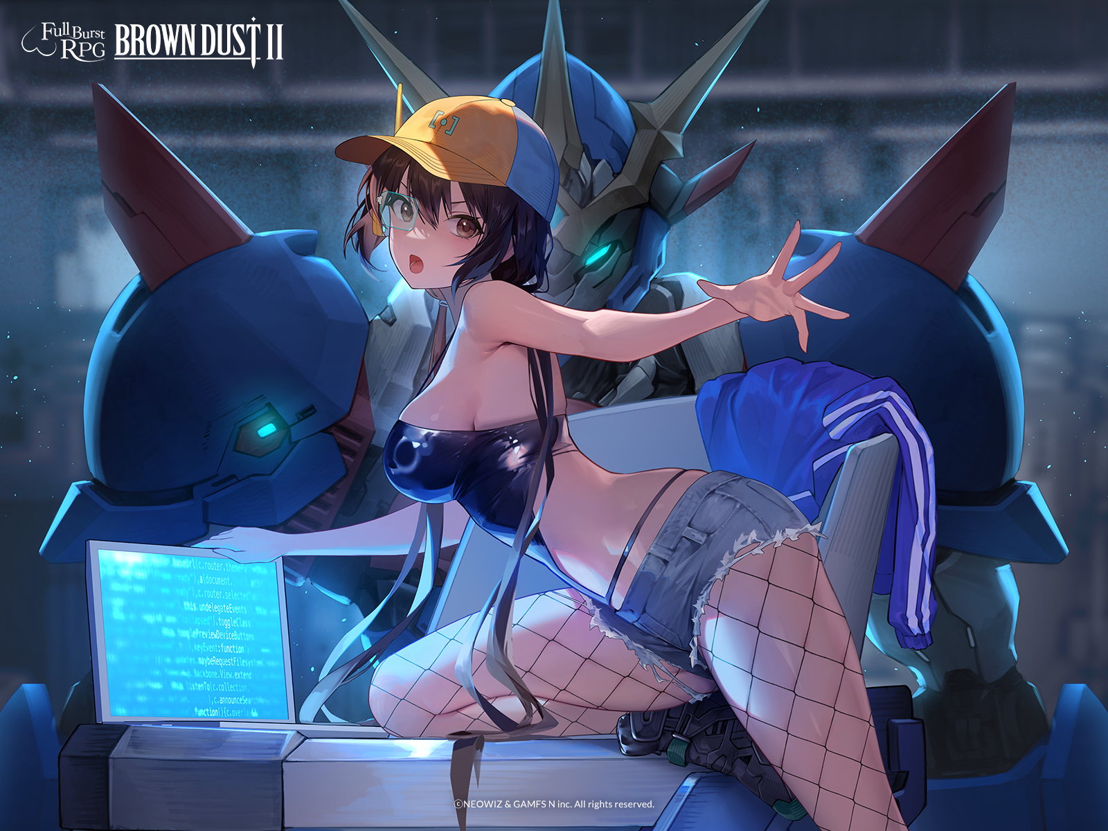 rafina (brown dust), brown dust (series), brown dust 2, artist request, highres, official art, 1girl, black hair, black shoes, blue hat, breasts, brown eyes, computer, copyright name, copyright notice, fishnet pantyhose, fishnets, hat, holding, holding laptop, laptop, long hair, multicolored hat, open mouth, pantyhose, shoes, short shorts, shorts, yellow hat