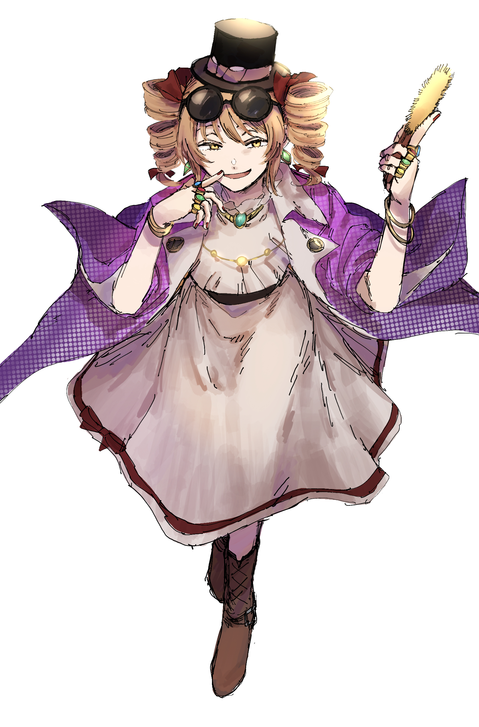 krmtknkoo1582, yorigami jo'on, touhou, commentary request, highres, 1girl, black-framed eyewear, black hat, black sash, blue gemstone, boots, bow, bracelet, brown boots, collared jacket, crossed ankles, dress, drill hair, earrings, eyewear on head, finger to mouth, floating clothes, folding fan, full body, gem, gold bracelet, gold necklace, gold ring, green gemstone, hair ribbon, hand fan, hat, hat bow, holding, holding fan, jacket, jewelry, lace-up boots, lapel pin, lapels, long sleeves, looking at viewer, medium dress, medium hair, mini hat, mini top hat, multiple bracelets, multiple rings, nail polish, necklace, notched lapels, open clothes, open jacket, open mouth, orange hair, pleated dress, polka dot, polka dot jacket, purple jacket, red gemstone, red nails, red ribbon, ribbon, ring, round eyewear, sash, simple background, smile, smug, solo, standing, sunglasses, top hat, twin drills, twintails, two-sided fabric, two-sided jacket, white background, white bow, white dress, wide sleeves, yellow eyes, yellow gemstone