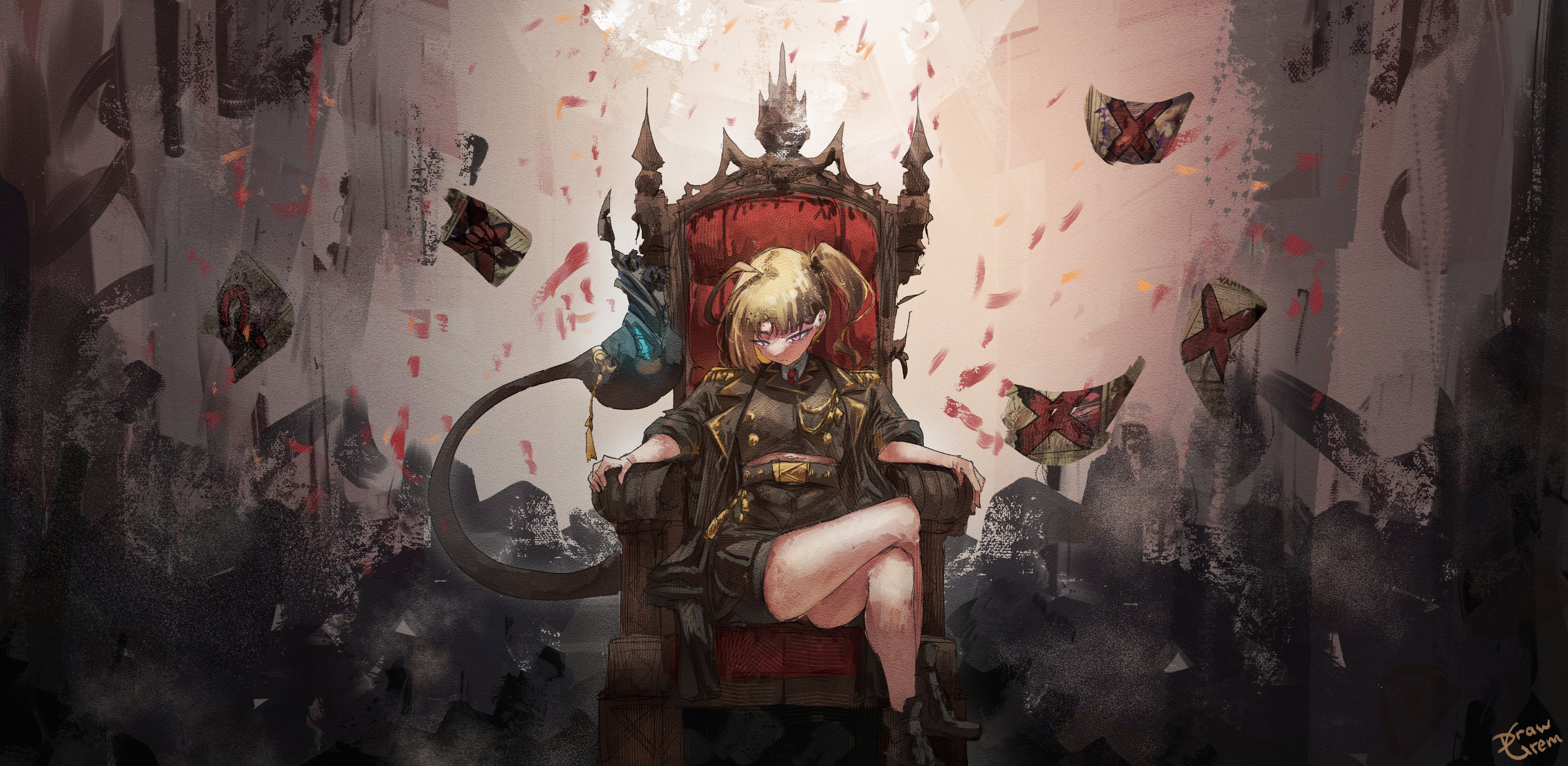 mazo kunn, gigi murin, hololive, hololive english, absurdres, copyright request, highres, ahoge, black shoes, black shorts, blonde hair, brown hair, chair, crossed legs, multicolored hair, shoes, shorts, sitting, tail, virtual youtuber