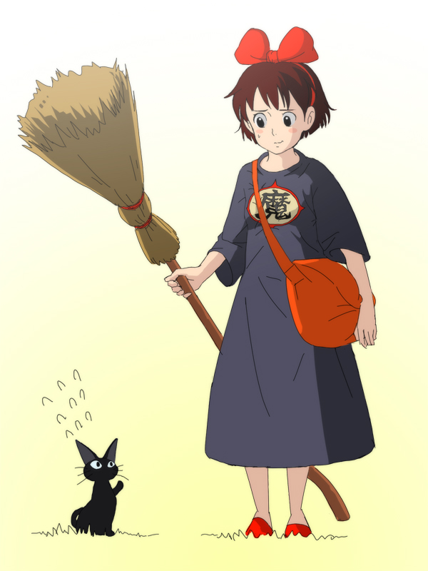 baro, jiji (majo no takkyuubin), kiki (majo no takkyuubin), majo no takkyuubin, studio ghibli, 1980s (style), bad id, bad pixiv id, bag, black cat, black eyes, bow, broom, brown hair, cat, hair bow, hairband, oldschool, retro artstyle, short hair, solo