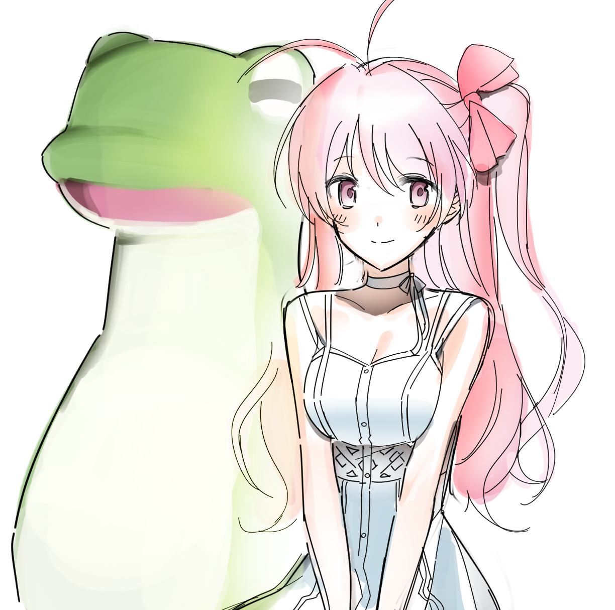 sakihata rimi, chaos;head, science adventure, highres, 1girl, alion 9715, antenna hair, blush, bow, breasts, choker, dress, gero-froggy, hair bow, long hair, looking at viewer, medium breasts, neck ribbon, one side up, pink eyes, pink hair, ribbon, smile, solo, sundress, v arms, white choker, white dress