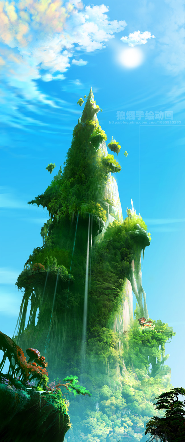 mugon, original, light, highres, building, cloud, day, floating, landscape, mountain, mushroom, nature, no humans, scenery, sky, sun, water, waterfall, watermark