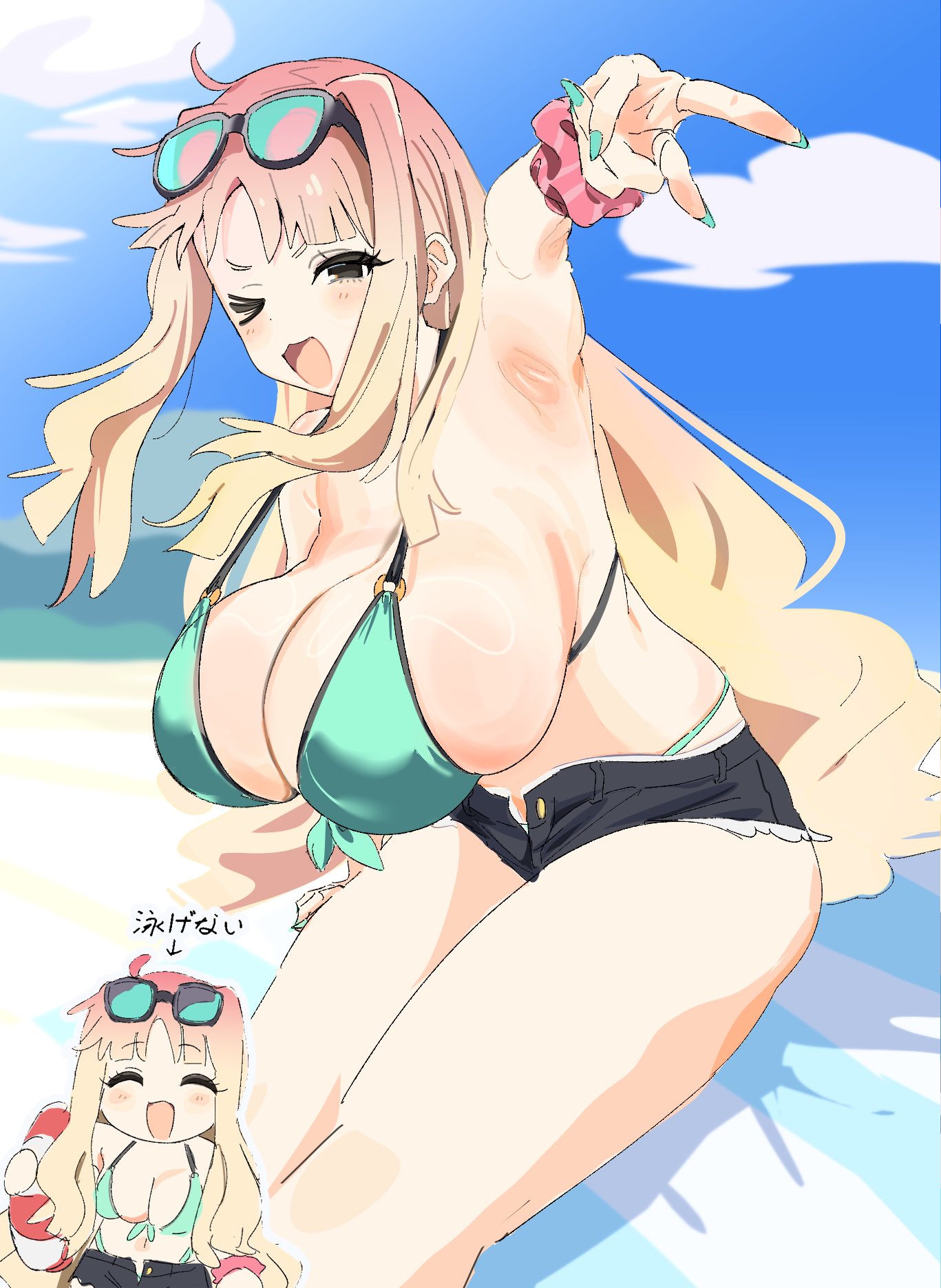 osakana (kitasisn), original, commentary, highres, translated, > o, 1girl, :3, :d, ^ ^, ahoge, aqua-tinted eyewear, aqua bikini, armpits, bare arms, bare legs, beach, bikini, black eyes, black shorts, blonde hair, blue sky, blunt ends, blush, breasts, chibi, cleavage, closed eyes, cowboy shot, day, eyewear on head, gradient hair, gyaru, holding, holding swim ring, innertube, large breasts, long hair, micro shorts, multicolored hair, multiple views, o-ring, o-ring bikini, o-ring top, one eye closed, open mouth, outdoors, panty straps, pink scrunchie, scrunchie, shorts, sky, smile, swim ring, swimsuit, tinted eyewear, v-shaped eyebrows, very long hair, wrist scrunchie