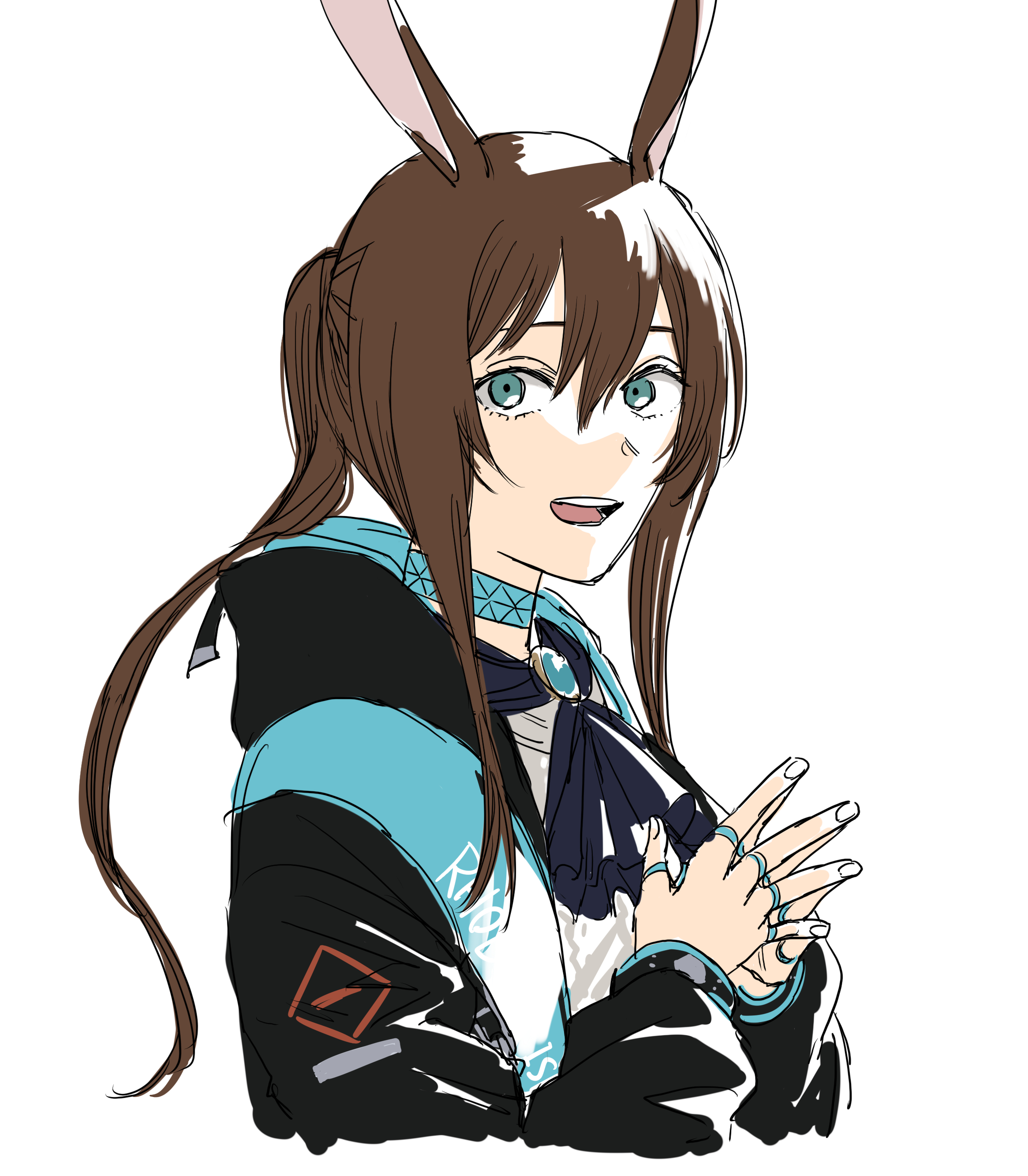 krmtknkoo1582, amiya (arknights), arknights, absurdres, commentary request, highres, 1girl, animal ears, ascot, black jacket, blue ascot, blue choker, blue eyes, blue vest, brooch, brown hair, choker, cropped torso, eyelashes, fingernails, hair between eyes, happy, hood, hood down, hooded jacket, jacket, jewelry, long hair, long sleeves, multiple rings, open clothes, open jacket, open mouth, open vest, own hands together, ponytail, puffy long sleeves, puffy sleeves, rabbit ears, rabbit girl, ring, shirt, sidelocks, simple background, smile, solo, teeth, two-sided hood, upper teeth only, vest, white background, white shirt