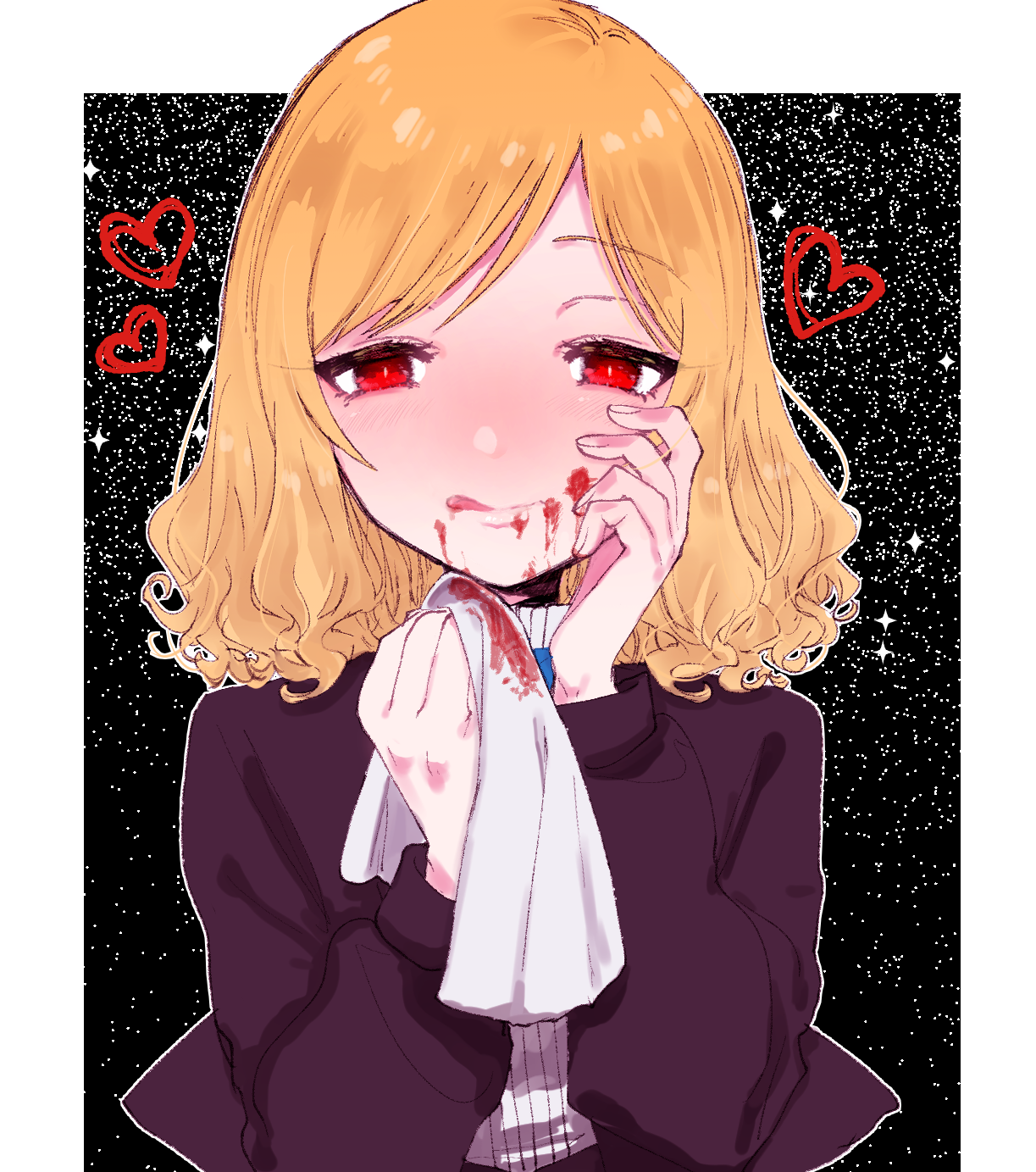eurasia (wtp09ptw14), original, commentary request, highres, 1girl, black jacket, blonde hair, blood, blood on face, blood on mouth, blood on object, blush, border, closed mouth, fingernails, hand on own cheek, hand on own face, handkerchief, hands up, heart, holding, holding handkerchief, jacket, licking blood, licking lips, long sleeves, looking at viewer, outside border, parted bangs, red eyes, short hair, smile, solo, straight-on, tongue, tongue out, upper body, white border