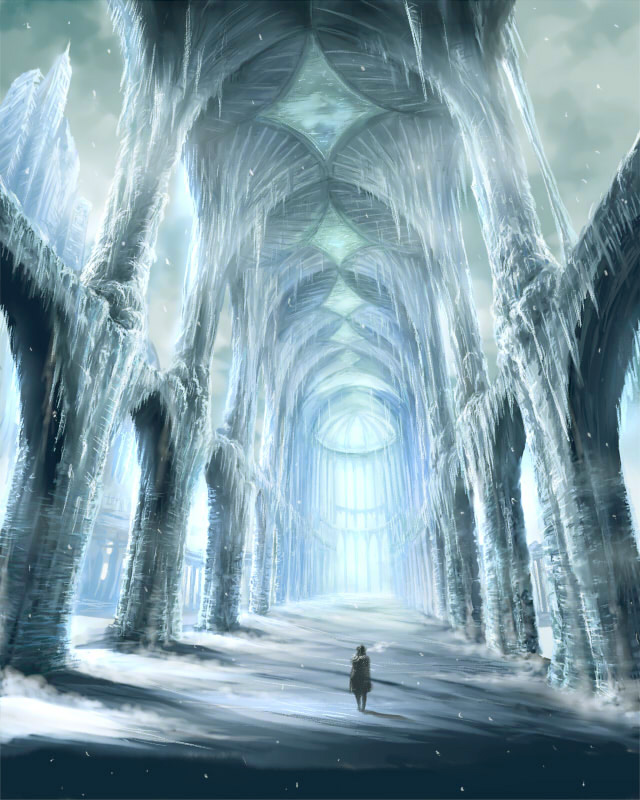 coz (commit), pixiv fantasia, pixiv fantasia 2, light, gender request, androgynous, back, blue theme, building, ice, indoors, scenery, sky, snow, snowing, solo, standing