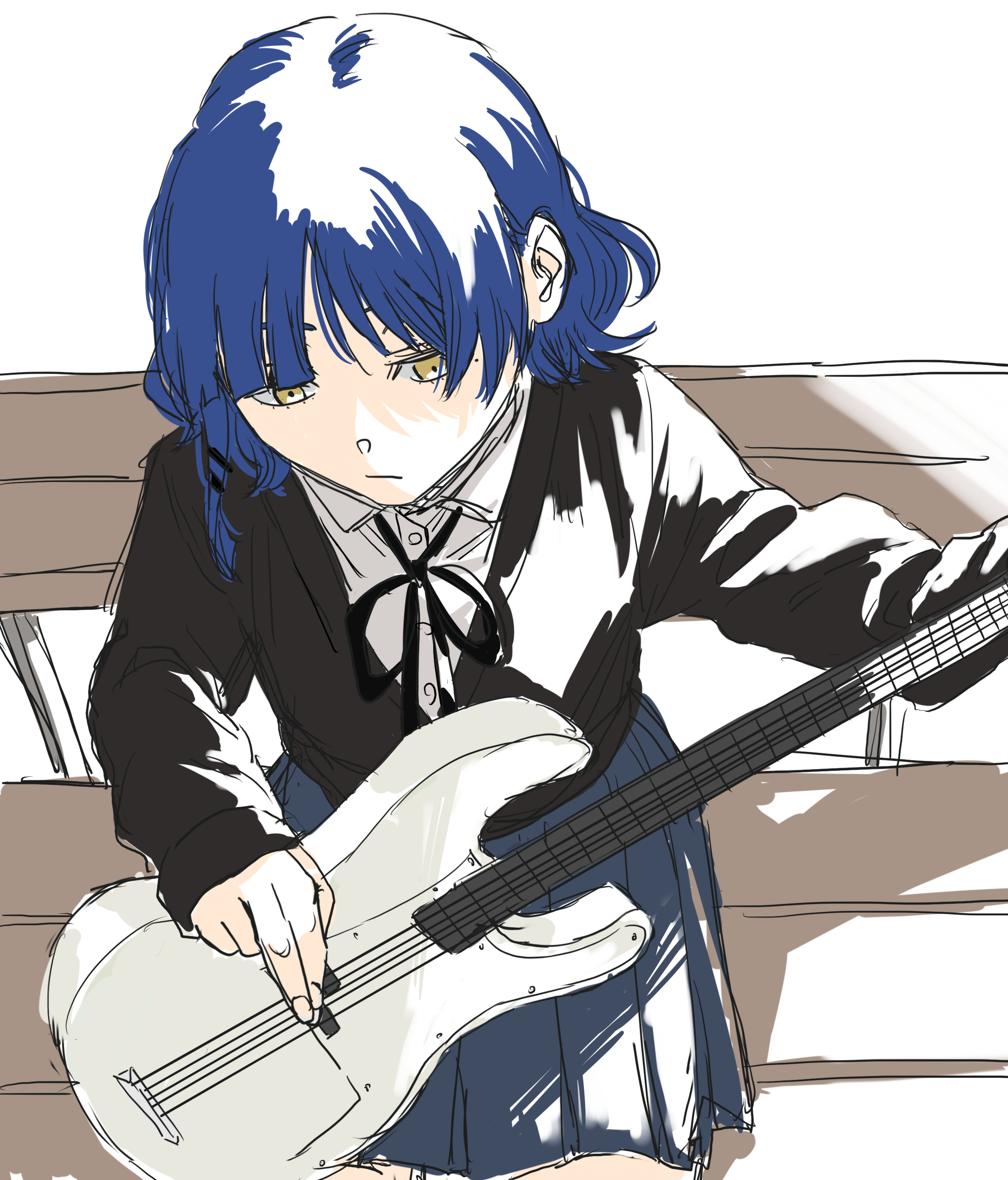 krmtknkoo1582, yamada ryo, bocchi the rock!, absurdres, commentary request, highres, 1girl, bass guitar, black jacket, black ribbon, blazer, blue hair, blue skirt, blunt bangs, buttons, closed mouth, collared jacket, collared shirt, cowboy shot, dress shirt, expressionless, fender precision bass, fingernails, hair ornament, hairclip, high-waist skirt, instrument, jacket, light frown, long sleeves, looking ahead, miniskirt, mole, mole under eye, music, neck ribbon, on bench, playing bass guitar, playing instrument, pleated skirt, ribbon, school uniform, shadow, shimokitazawa high school uniform, shirt, short hair, short hair with long locks, single sidelock, sitting, skirt, sleeves past wrists, solo, v-neck, white background, white shirt, yellow eyes