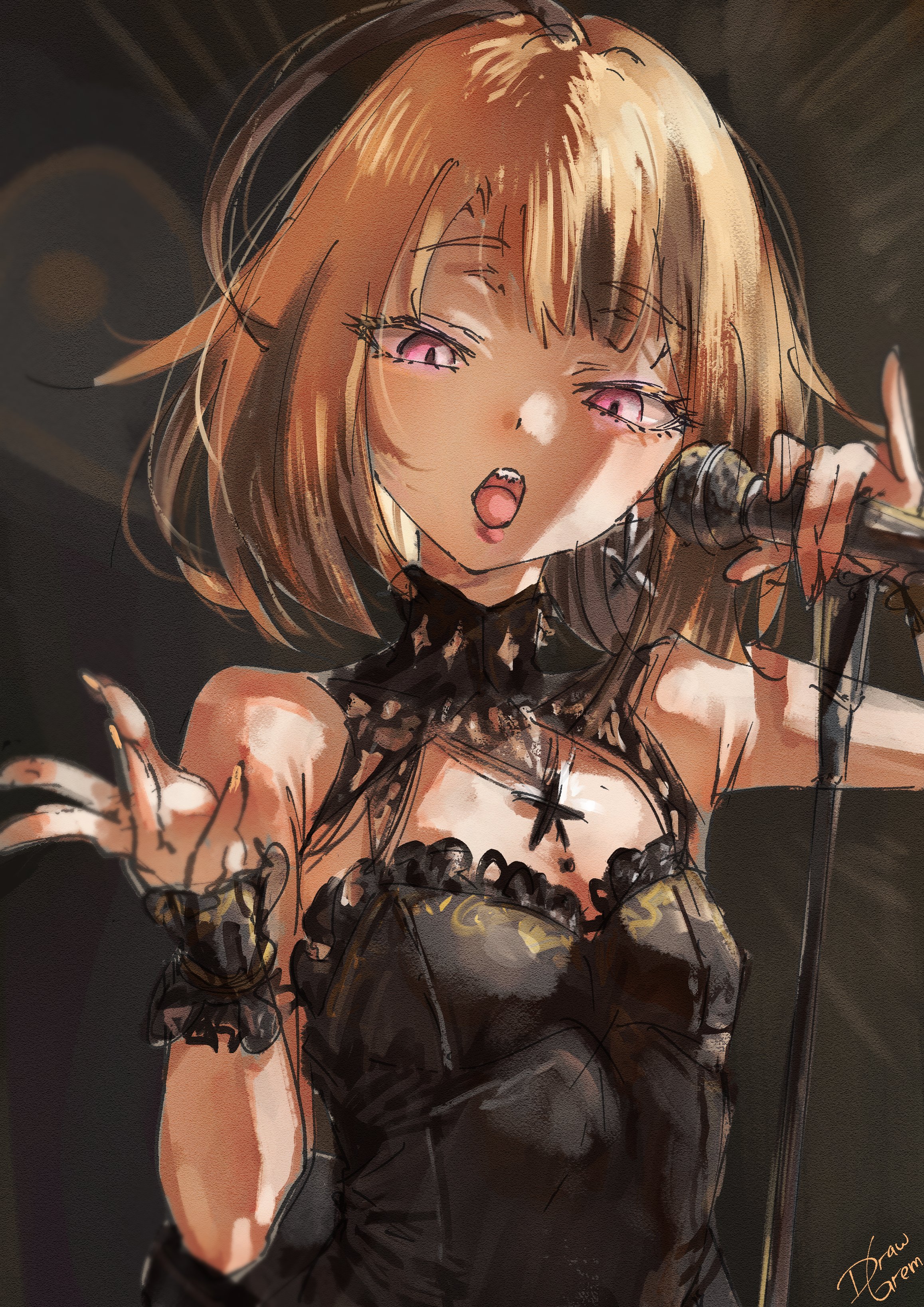 mazo kunn, gigi murin, hololive, hololive english, absurdres, highres, ahoge, black dress, blonde hair, breasts, brown hair, dress, earrings, jewelry, microphone, multicolored hair, open mouth, pink eyes, small breasts, upper body