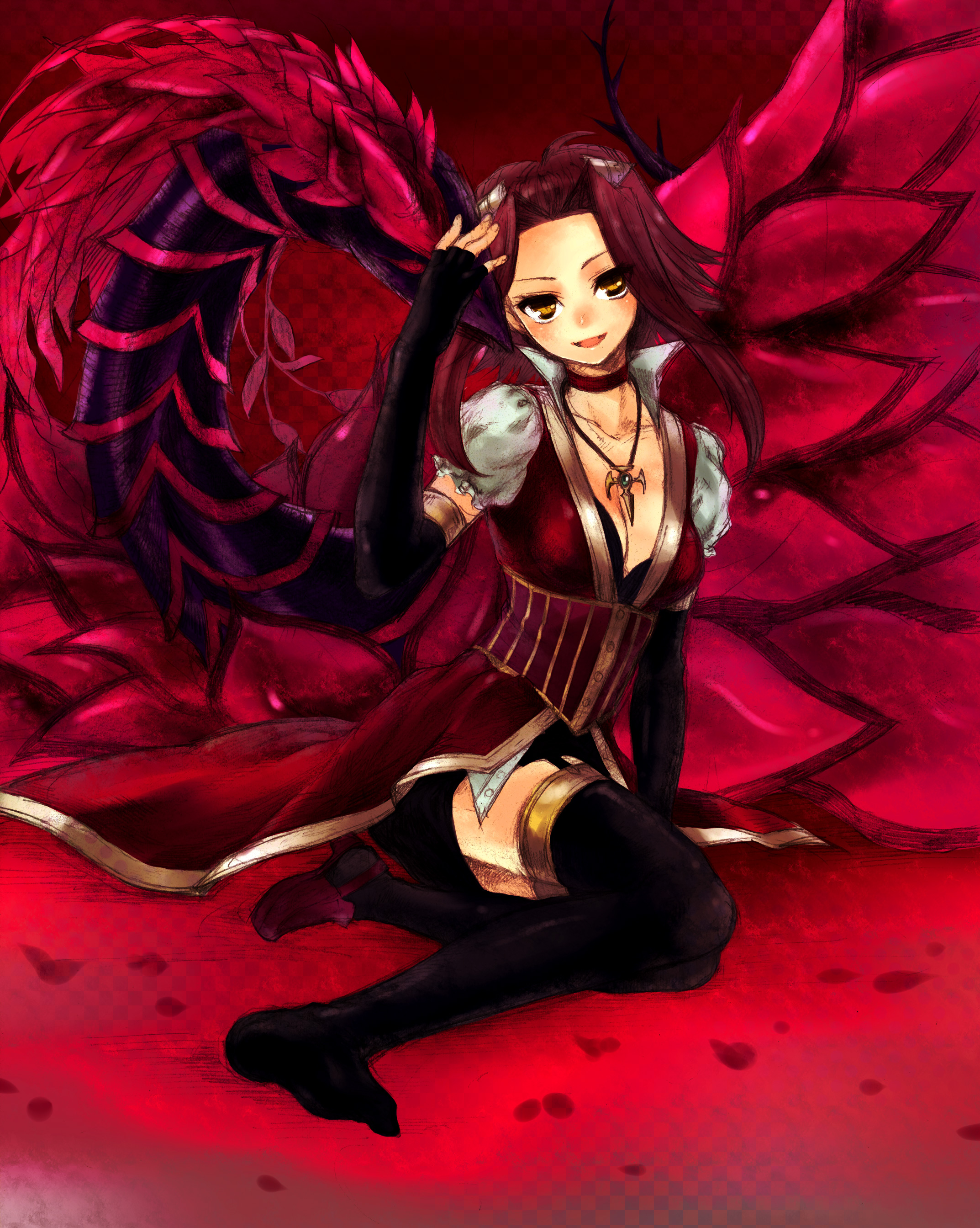 u (pixiv), usaki (ama), black rose dragon, izayoi aki, yu-gi-oh!, yu-gi-oh! 5d's, absurdres, bad id, bad pixiv id, highres, 00s, 1girl, choker, dress, duel monster, gloves, pink hair, red hair, shoes, single shoe, skirt, smile, thighhighs, yellow eyes