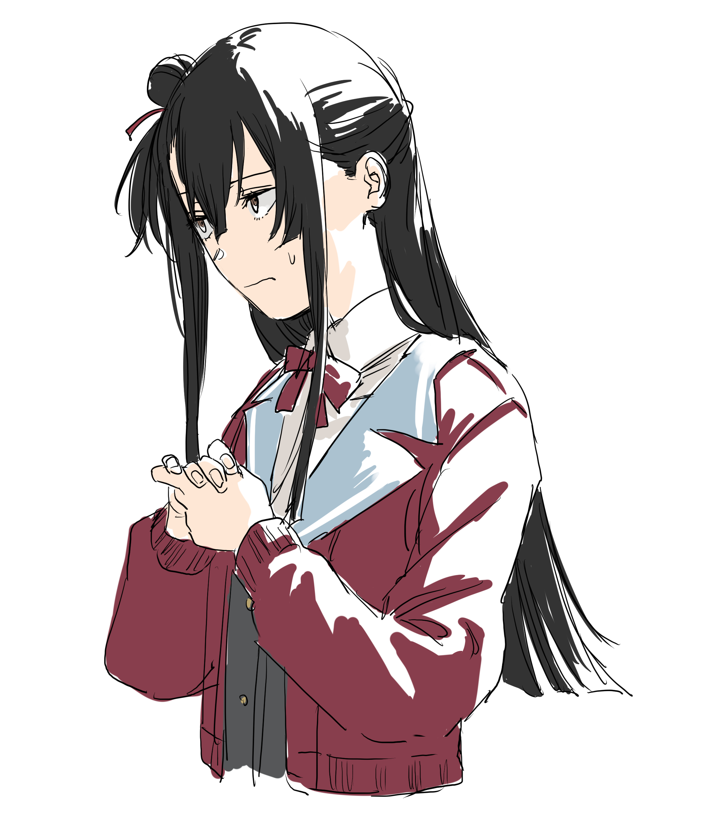 krmtknkoo1582, koori chikage, nogi wakaba wa yuusha de aru, yuusha de aru, absurdres, commentary request, highres, 1girl, black hair, bow, bowtie, buttons, closed mouth, collared jacket, collared shirt, colored lapels, cropped torso, dot nose, eyelashes, fingernails, frown, furrowed brow, gold buttons, grey eyes, grey vest, hair between eyes, hair bun, hair ribbon, jacket, lapels, long hair, long sleeves, looking ahead, nervous, notched lapels, open clothes, open jacket, own hands together, puffy long sleeves, puffy sleeves, red bow, red bowtie, red jacket, red ribbon, ribbon, school uniform, shirt, sidelocks, simple background, single side bun, solo, straight hair, sweatdrop, sweater jacket, very long hair, vest, white background, white shirt
