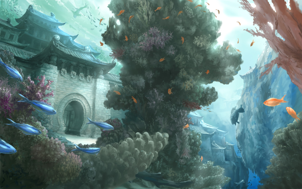 coz (commit), pixiv fantasia, pixiv fantasia 2, architecture, building, cloud, coral, day, east asian architecture, fish, no humans, scenery, sky, underwater, water