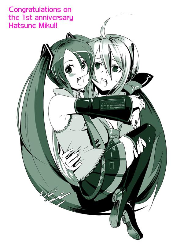 caffein, hatsune miku, yowane haku, vocaloid, 2girls, english text, green theme, long hair, monochrome, multiple girls, thighhighs, very long hair