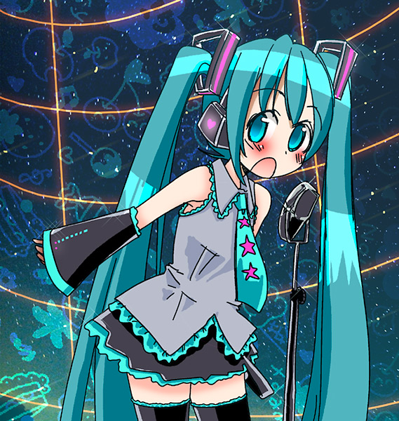 koowa, hatsune miku, vocaloid, 1girl, :o, aqua hair, belt, black boots, black skirt, blush, boots, chibi, chibi inset, collared shirt, cowboy shot, detached sleeves, female focus, frills, grey shirt, hair between eyes, hair ornament, headphones, heart, lens flare, long hair, microphone stand, miniskirt, music, necktie, night, night sky, outstretched arm, pleated skirt, shirt, singing, skirt, sky, solo, sparkle, standing, star (sky), star (symbol), star print, tattoo, thigh boots, thighhighs, twintails