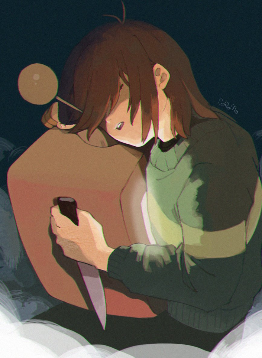 corogarucoromo, kris (deltarune), deltarune, utdr (toby fox), 1other, brown hair, covered eyes, green sweater, hair over eyes, holding, holding knife, knife, open mouth, other focus, short hair, signature, solo, sweater, television, upper body