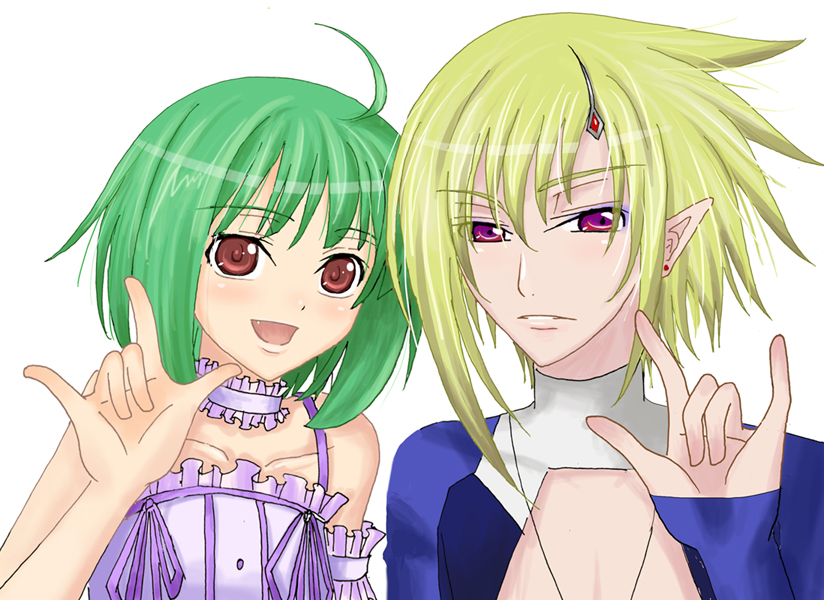 han ten mu, brera sterne, ranka lee, macross, macross frontier, 00s, m/, ahoge, blonde hair, brother and sister, choker, green hair, hair ornament, hairpin, pointy ears, purple eyes, red eyes, short hair, siblings, smile