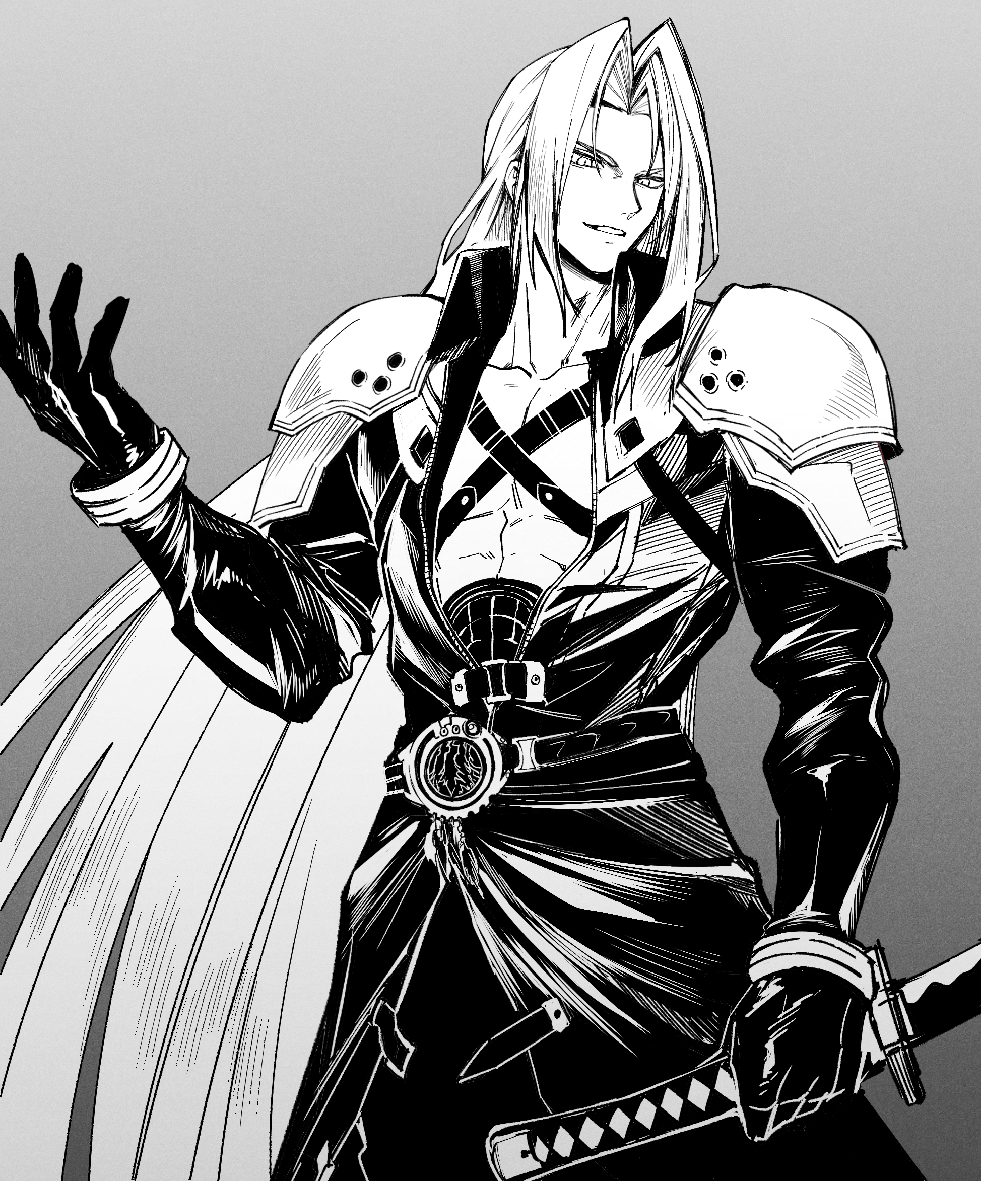 sephiroth, final fantasy, final fantasy vii, final fantasy vii remake, commentary request, highres, 1boy, armor, black coat, black gloves, bnbnt0131, chest strap, coat, cowboy shot, gloves, gradient background, greyscale, holding, holding sword, holding weapon, long hair, long sleeves, looking at viewer, male focus, masamune (ff7), monochrome, open hand, parted bangs, parted lips, shoulder armor, solo, sword, very long hair, weapon