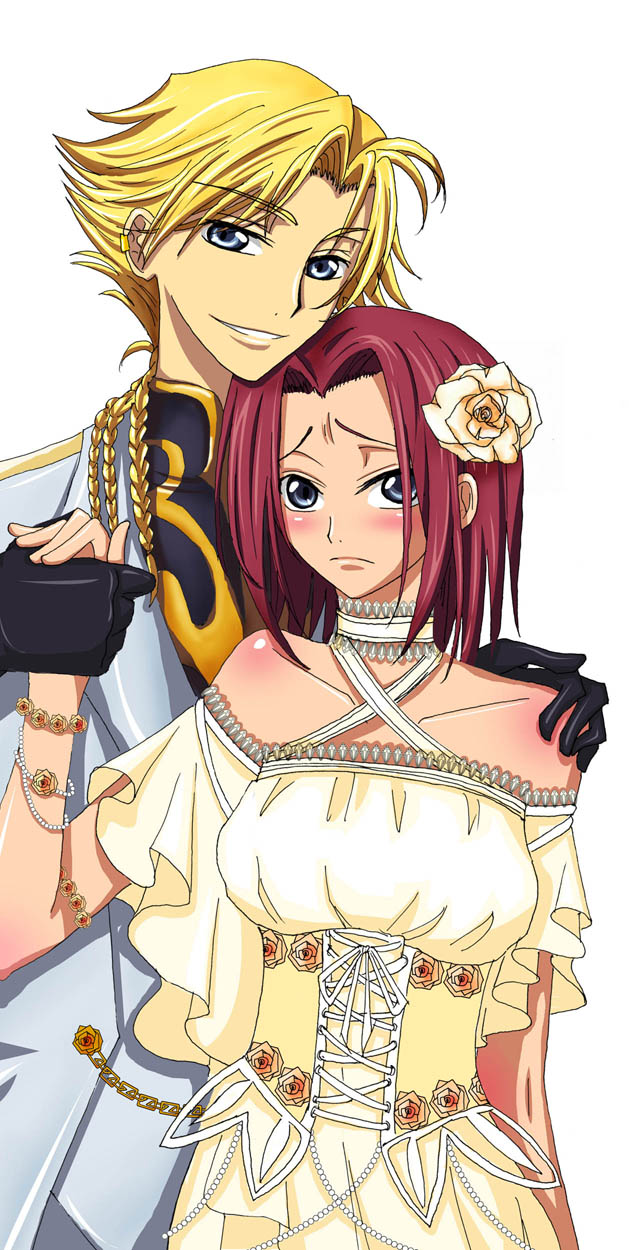 han ten mu, miniyu, gino weinberg, kouzuki kallen, code geass, highres, 00s, 1boy, 1girl, bare shoulders, blonde hair, blush, couple, dress, flower, gloves, grin, hand up, holding hands, knight, pink hair, short hair, smile, soldier