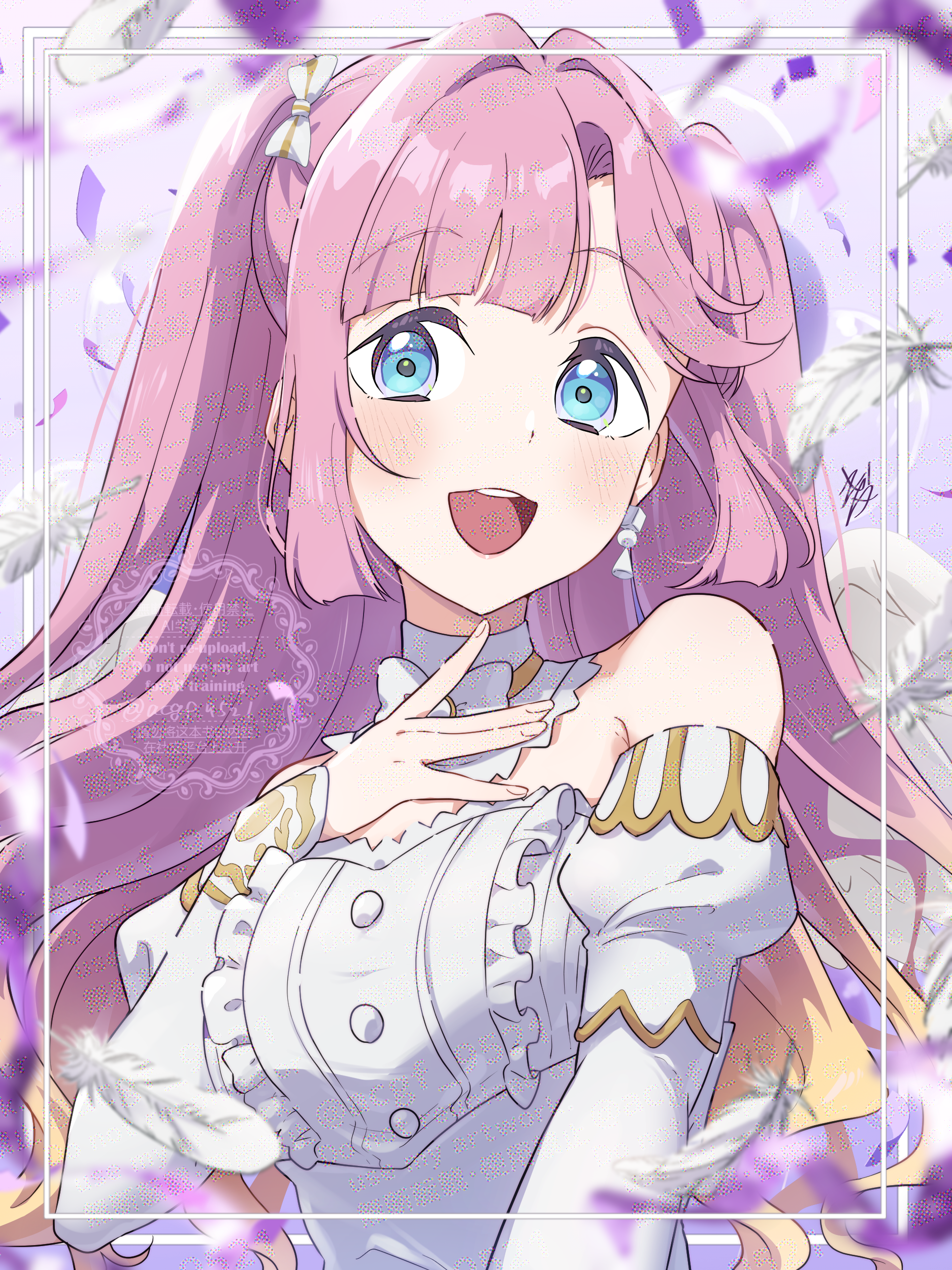 kyaku tasu, anyoji hime, link! like! love live!, love live!, absurdres, commentary, highres, 1girl, birthday, blonde hair, blue eyes, blush, breasts, confetti, earrings, feathers, gradient hair, jewelry, long hair, looking at viewer, medium breasts, multicolored hair, pink hair, single earring, solo, upper body, watermark, white feathers