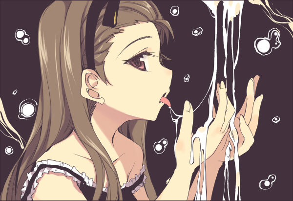 hamayumiba sou, minase iori, idolmaster, idolmaster (classic), idolmaster 1, 00s, 1girl, black ribbon, bow, brown background, brown eyes, brown hair, cum, cum on body, cum on hands, cum string, cupping hands, dripping, eyelashes, female focus, frills, from side, gokkun, hair ribbon, hairband, long hair, looking at viewer, off shoulder, own hands together, profile, purple eyes, ribbon, solo, tongue, tongue out, upper body