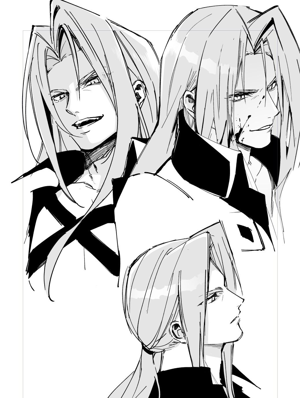 sephiroth, final fantasy, final fantasy vii, final fantasy vii remake, commentary request, highres, 1boy, alternate hairstyle, black coat, blood, blood on face, bnbnt0131, chest strap, coat, cropped torso, from side, long hair, low ponytail, male focus, multiple views, open mouth, parted bangs, parted lips, ponytail, profile, upper body, white background