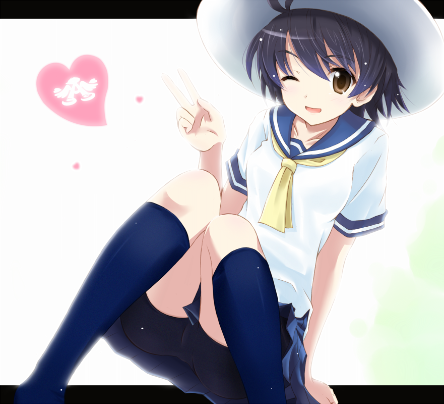 komone ushio, kikuchi makoto, idolmaster, idolmaster (classic), idolmaster 1, 00s, 1girl, antenna hair, bike shorts, blue sailor collar, female focus, hat, kneehighs, sailor collar, school uniform, serafuku, socks, solo, ukomone