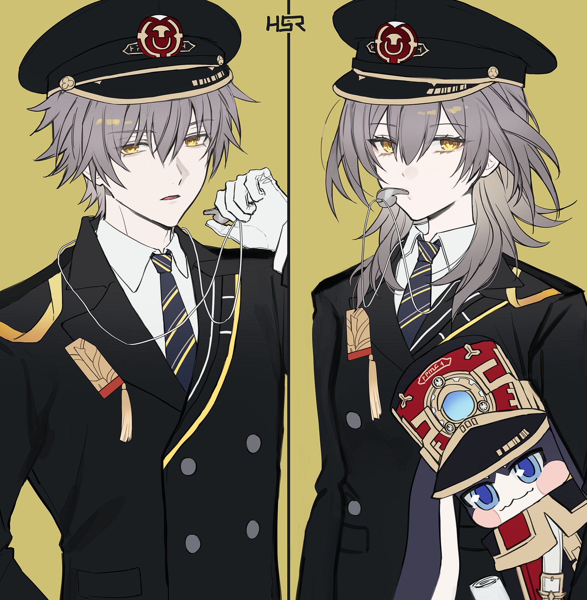 sp0i0ppp, caelus (honkai: star rail), pom-pom (honkai: star rail), stelle (honkai: star rail), trailblazer (honkai: star rail), honkai: star rail, honkai (series), highres, 1boy, 1girl, alternate costume, black border, black hat, black jacket, black necktie, border, buttons, character doll, closed mouth, collared shirt, doll, dual persona, gloves, grey hair, hair between eyes, hand up, hat, holding, holding doll, holding whistle, jacket, lapels, long hair, long sleeves, looking at viewer, necktie, open mouth, pocket, shirt, short hair, sidelocks, simple background, striped necktie, tassel, upper body, visor cap, whistle, whistle around neck, white gloves, white shirt, yellow background, yellow eyes