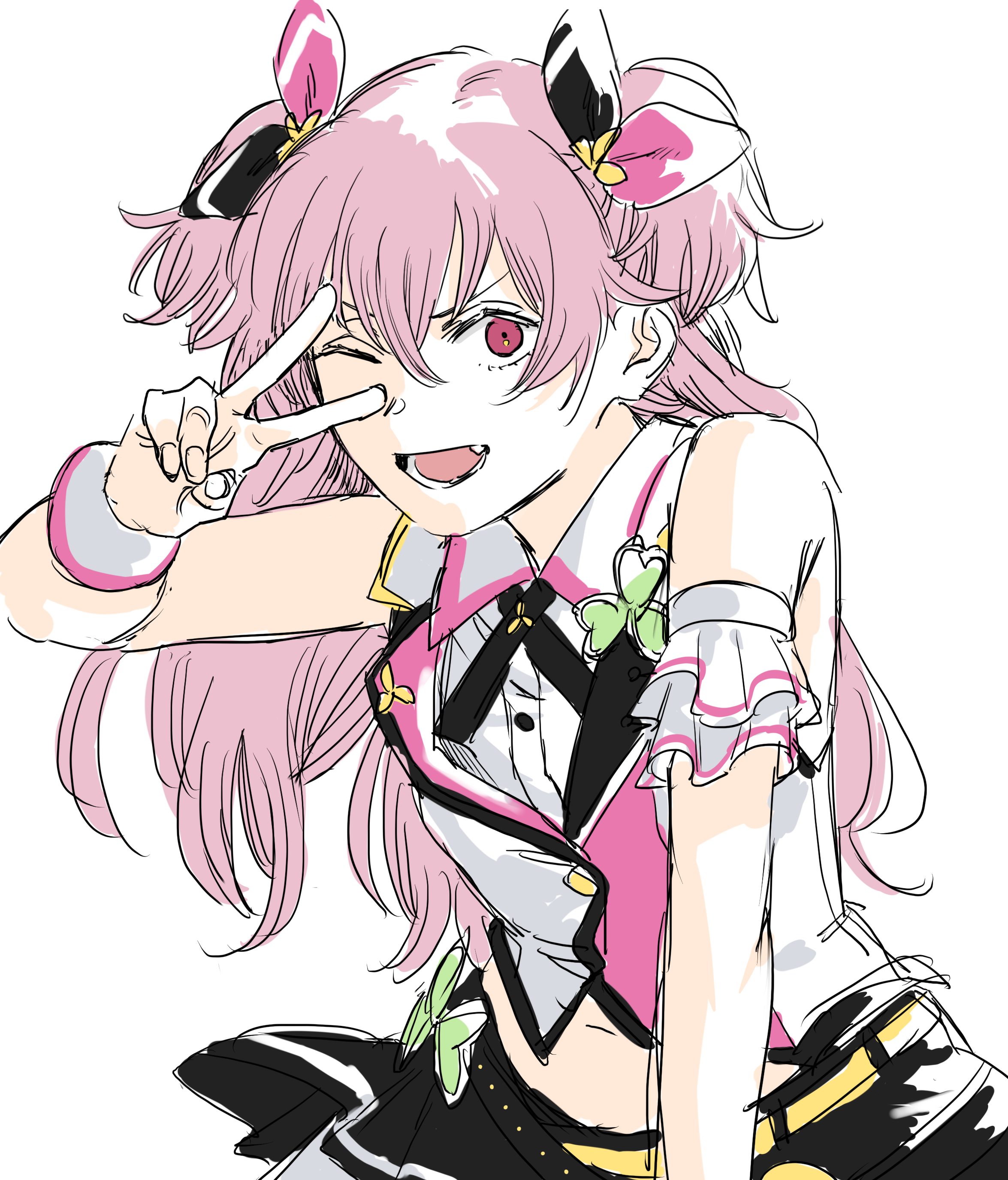 krmtknkoo1582, momoi airi, project sekai, absurdres, commentary request, highres, 1girl, bare shoulders, belt, black belt, black bow, black ribbon, black skirt, bow, brooch, clover, clover brooch, collared shirt, collared vest, cowboy shot, cropped shirt, crossed belts, detached sleeves, dress shirt, eyelashes, fang, fingernails, flower, frilled skirt, frilled sleeves, frills, hair between eyes, hair bow, hair flower, hair ornament, happy, idol, jewelry, lapels, long hair, looking at viewer, lower teeth only, midriff, miniskirt, navel, neck ribbon, notched lapels, one eye closed, open mouth, pink bow, pink eyes, pink hair, pink vest, ribbon, shirt, short sleeves, simple background, skirt, sleeveless, sleeveless shirt, smile, solo, split-color clothes, standing, teeth, two-tone bow, two-tone veil, two side up, v, v-shaped eyebrows, very long hair, vest, wavy hair, white background, white shirt, white sleeves, white vest, white wrist cuffs, wrist cuffs, yellow belt, yellow flower