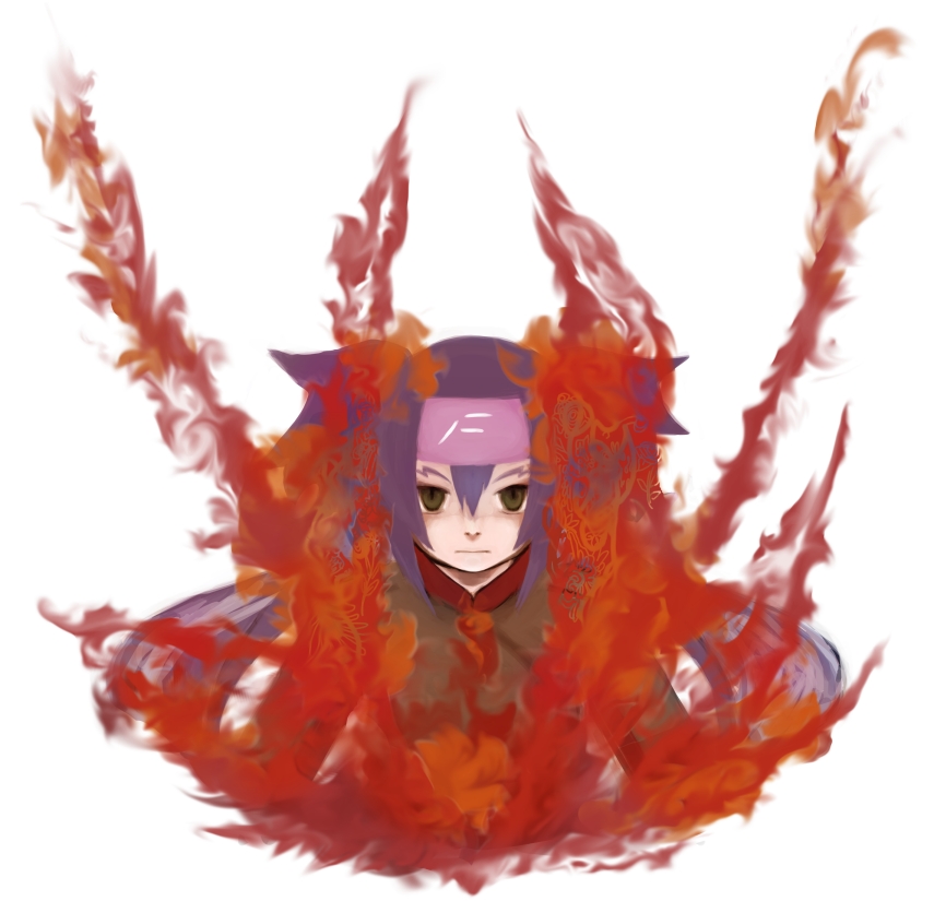 libra ten, raiya, klan klein, macross, macross frontier, bad id, bad pixiv id, 00s, 1girl, blood, blue hair, female focus, headband, looking at viewer, purple hair, red eyes, short hair, simple background, solo, white background