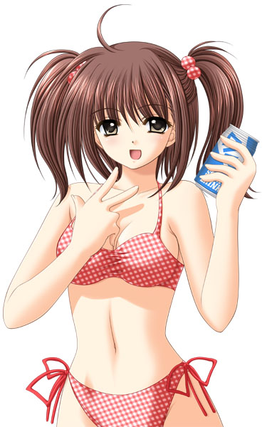 nishimata aoi, clover (game cg), 1girl, :d, ahoge, bikini, breasts, brown eyes, brown hair, can, drink can, female focus, hair bobbles, hair ornament, holding, holding can, looking at viewer, medium breasts, navel, open mouth, plaid bikini, plaid clothes, red bikini, side-tie bikini bottom, simple background, smile, soda can, solo, swimsuit, twintails, white background