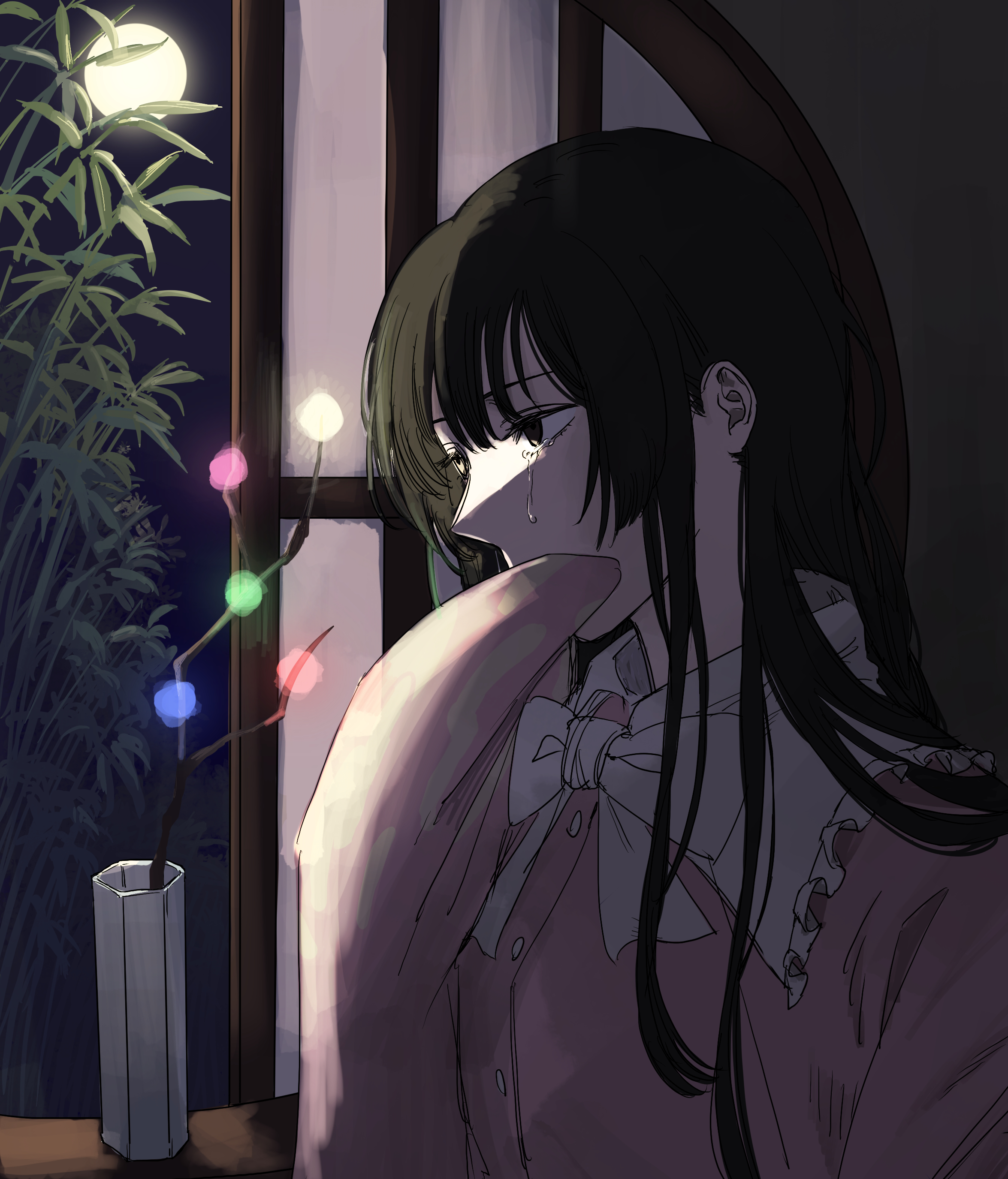 krmtknkoo1582, houraisan kaguya, touhou, absurdres, commentary request, highres, 1girl, bamboo, black eyes, black hair, blunt bangs, bow, bowtie, branch, buttons, collared shirt, covering own mouth, crying, crying with eyes open, dark, eyelashes, frilled shirt collar, frills, full moon, hime cut, indoors, jeweled branch of hourai, long hair, long sidelocks, long sleeves, looking outside, moon, moonlight, night, night sky, pink shirt, pointy nose, round window, sad, shirt, sidelocks, sky, sleeves past fingers, sleeves past wrists, solo, straight hair, streaming tears, tears, upper body, vase, white bow, white bowtie, wide sleeves, window