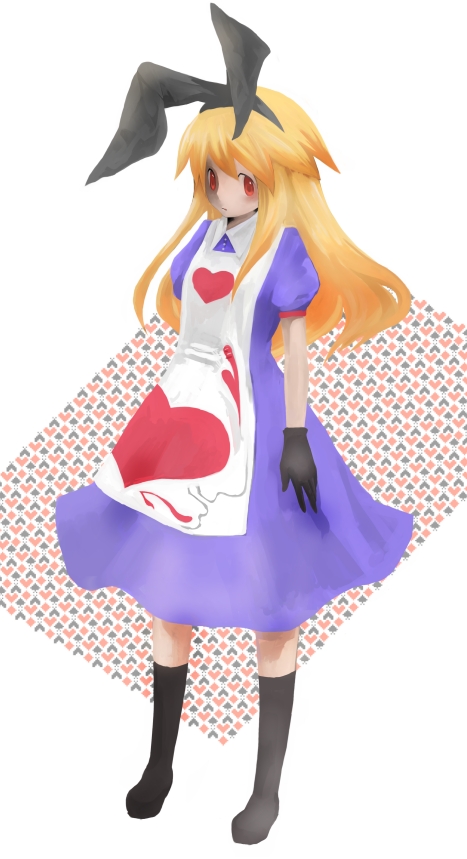 libra ten, raiya, alice (alice in wonderland), alice's adventures in wonderland, bad id, bad pixiv id, 1girl, animal ears, apron, blonde hair, boots, dress, female focus, gloves, rabbit ears, red eyes, socks, solo