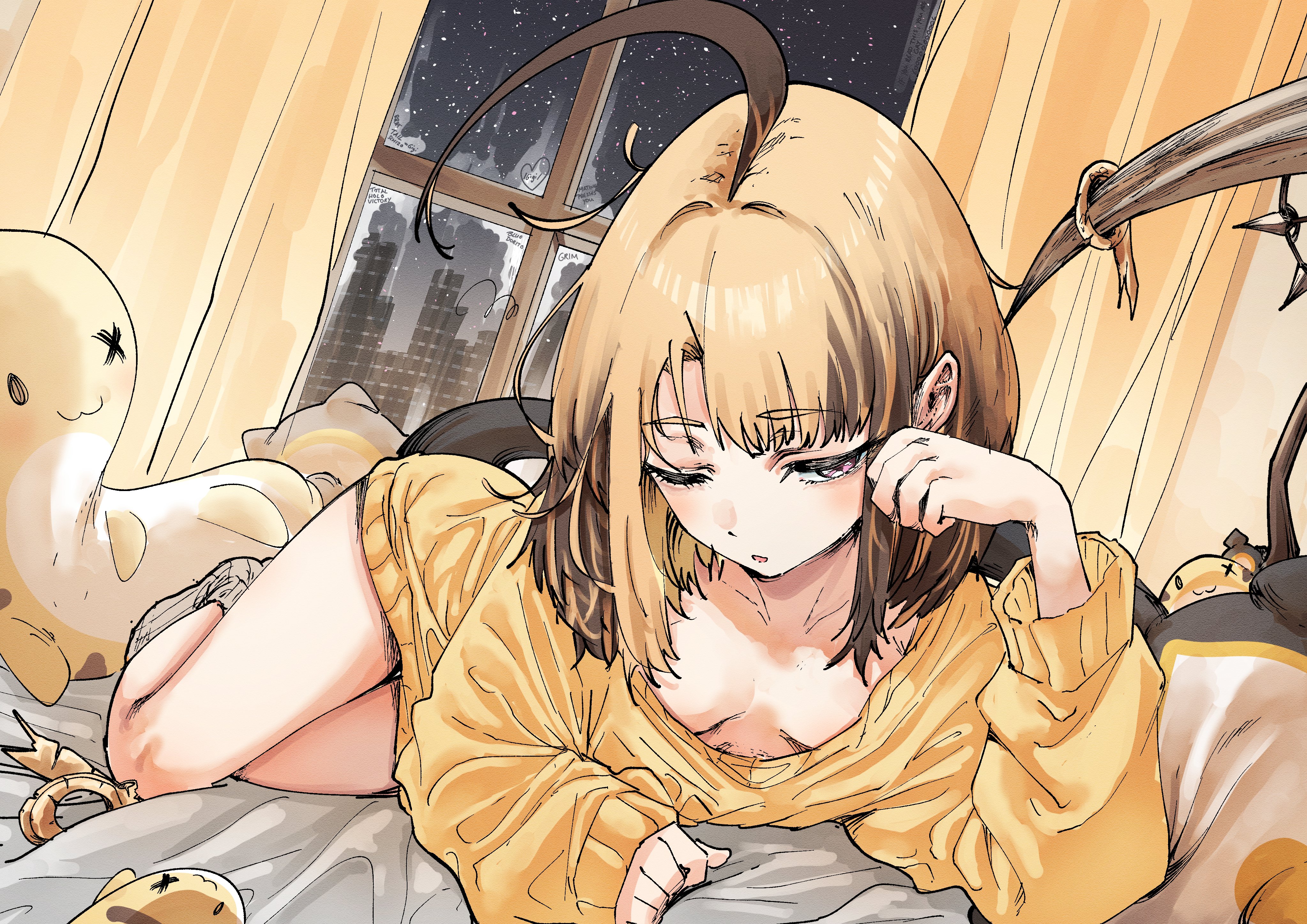 mazo kunn, gigi murin, grem (gigi murin), hololive, hololive english, absurdres, highres, blonde hair, breasts, brown hair, lying, multicolored hair, pajamas, sleepy, small breasts, tail, yellow pajamas