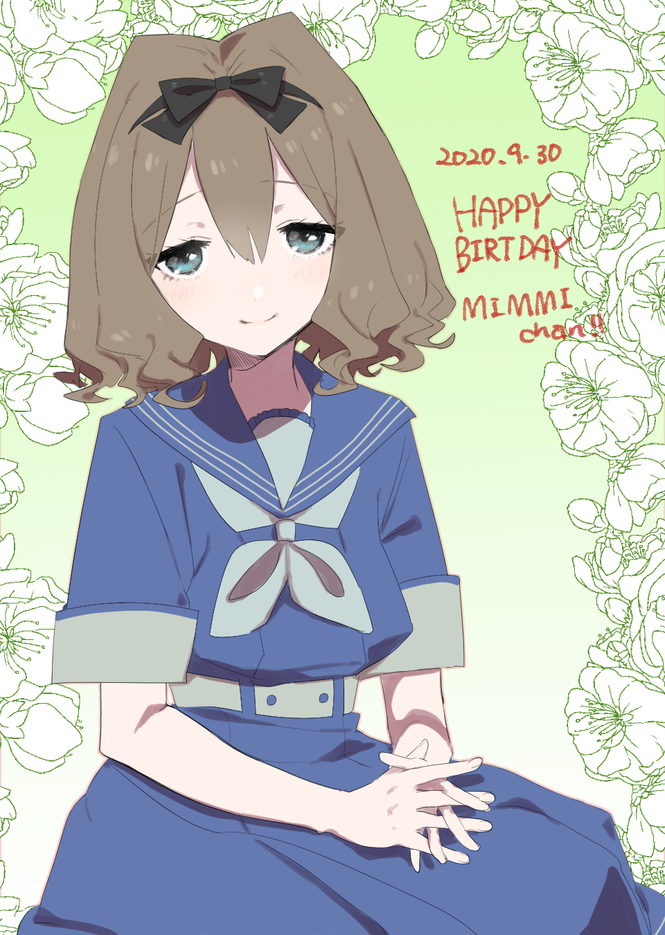 eurasia (wtp09ptw14), original, commentary request, highres, 1girl, black bow, blue eyes, blue shirt, blue skirt, borrowed character, bow, brown hair, character name, closed mouth, cowboy shot, dated, double-parted bangs, green background, hair between eyes, hair bow, happy birthday, looking at viewer, own hands together, sailor collar, shirt, short hair, short sleeves, sitting, skirt, smile, solo, typo