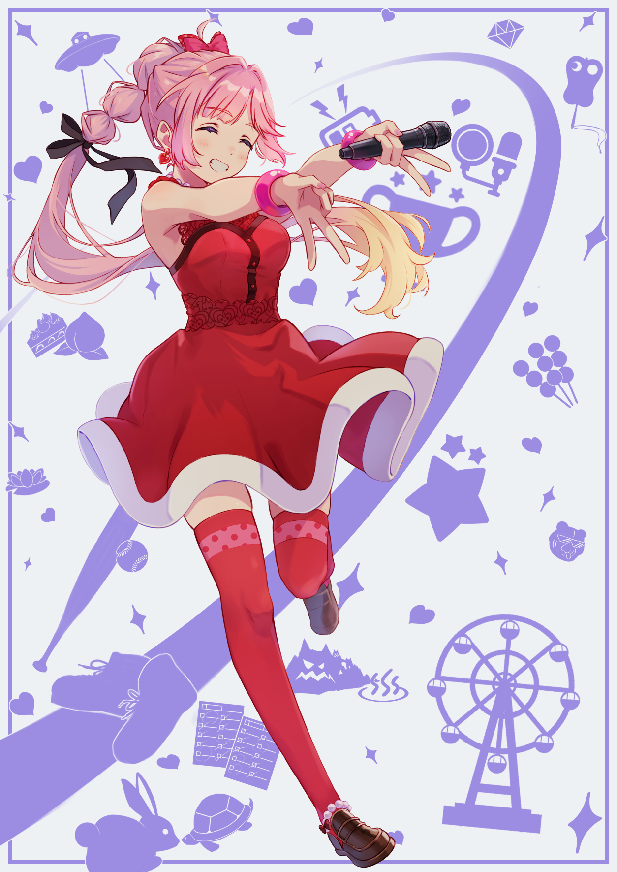 macken666, anyoji hime, link! like! love live!, love live!, commentary, highres, 1girl, birthday, blonde hair, bracelet, closed eyes, do! do! do! (love live!), earrings, full body, gradient hair, grin, hair intakes, holding, holding microphone, jewelry, long hair, microphone, multicolored hair, pink hair, red thighhighs, shoes, smile, solo, thighhighs
