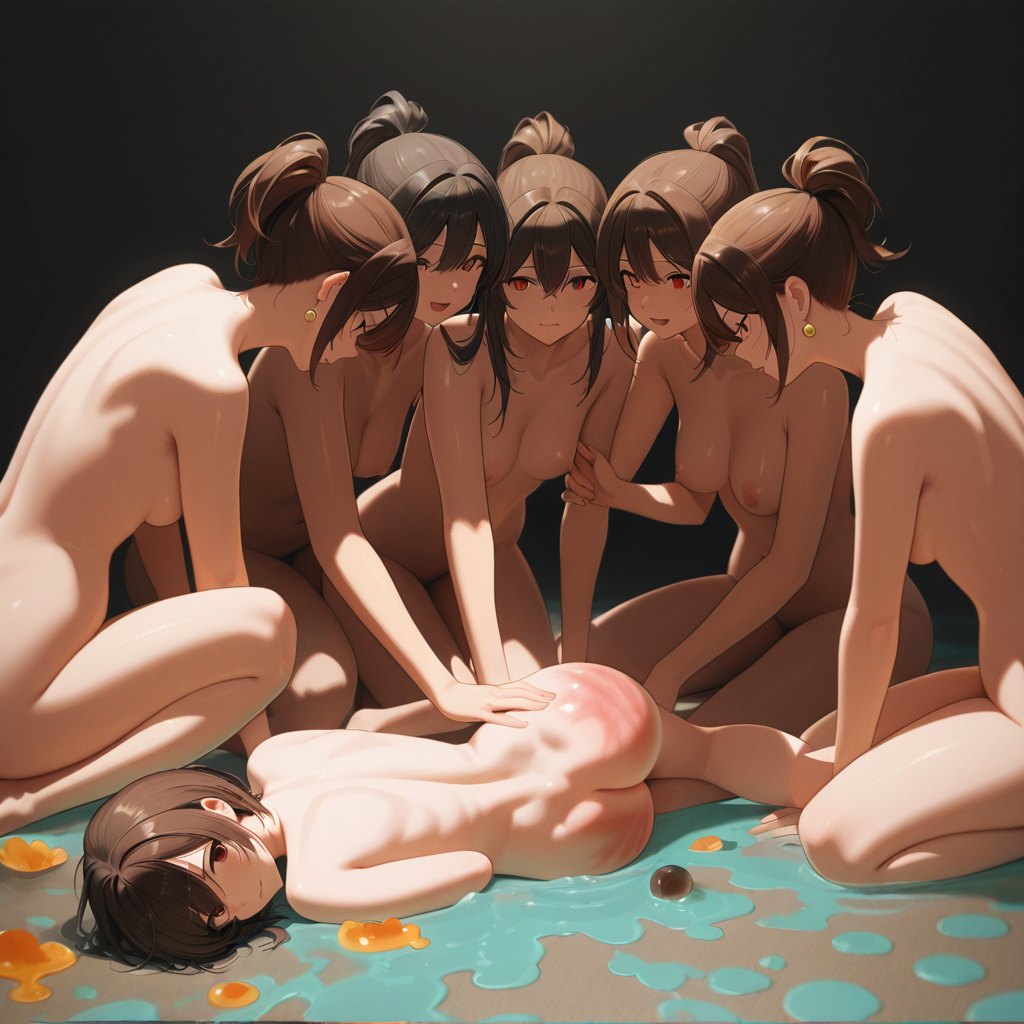 commentary request, tagme, abstract, ass, breasts, circle, completely nude, looking at another, lying, medium breasts, multiple girls, nude, on ground, on side, spanked ass, surrounded