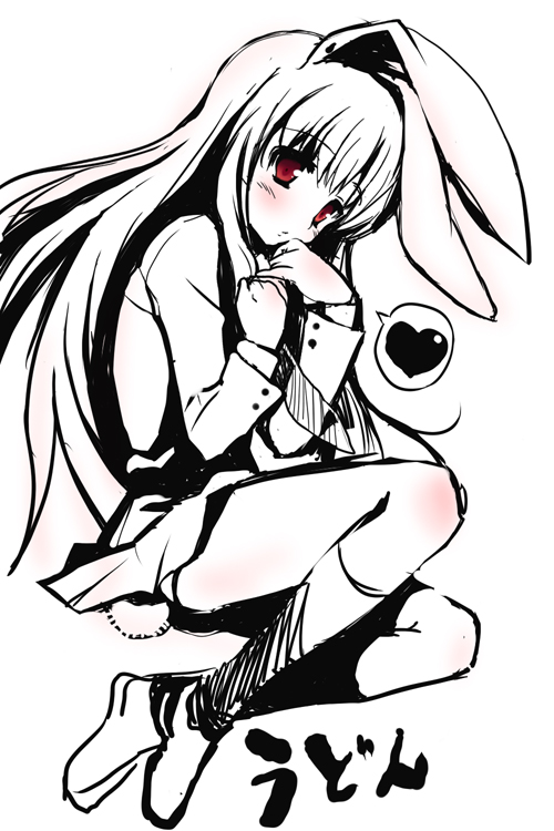 r-type nirvana, souryuu (double dragon), reisen udongein inaba, touhou, 1girl, animal ears, female focus, fetal position, full body, heart, monochrome, rabbit ears, rabbit girl, rabbit tail, red eyes, skirt, solo, spoken heart, spot color, tail