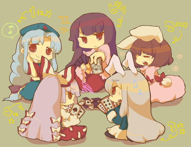 azuma seiji, mota, fujiwara no mokou, houraisan kaguya, inaba tewi, reisen udongein inaba, spoo, yagokoro eirin, okaasan to issho, touhou, 6+girls, animal ears, card, everyone, female focus, holding, holding card, multiple girls, playing card, rabbit ears