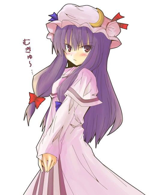 huei nazuki, patchouli knowledge, touhou, 1girl, :<, blush, bow, crescent, crescent moon, female focus, frown, hair bow, hat, long hair, moon, mukyuu, purple hair, red eyes, serious, solo, standing, v arms