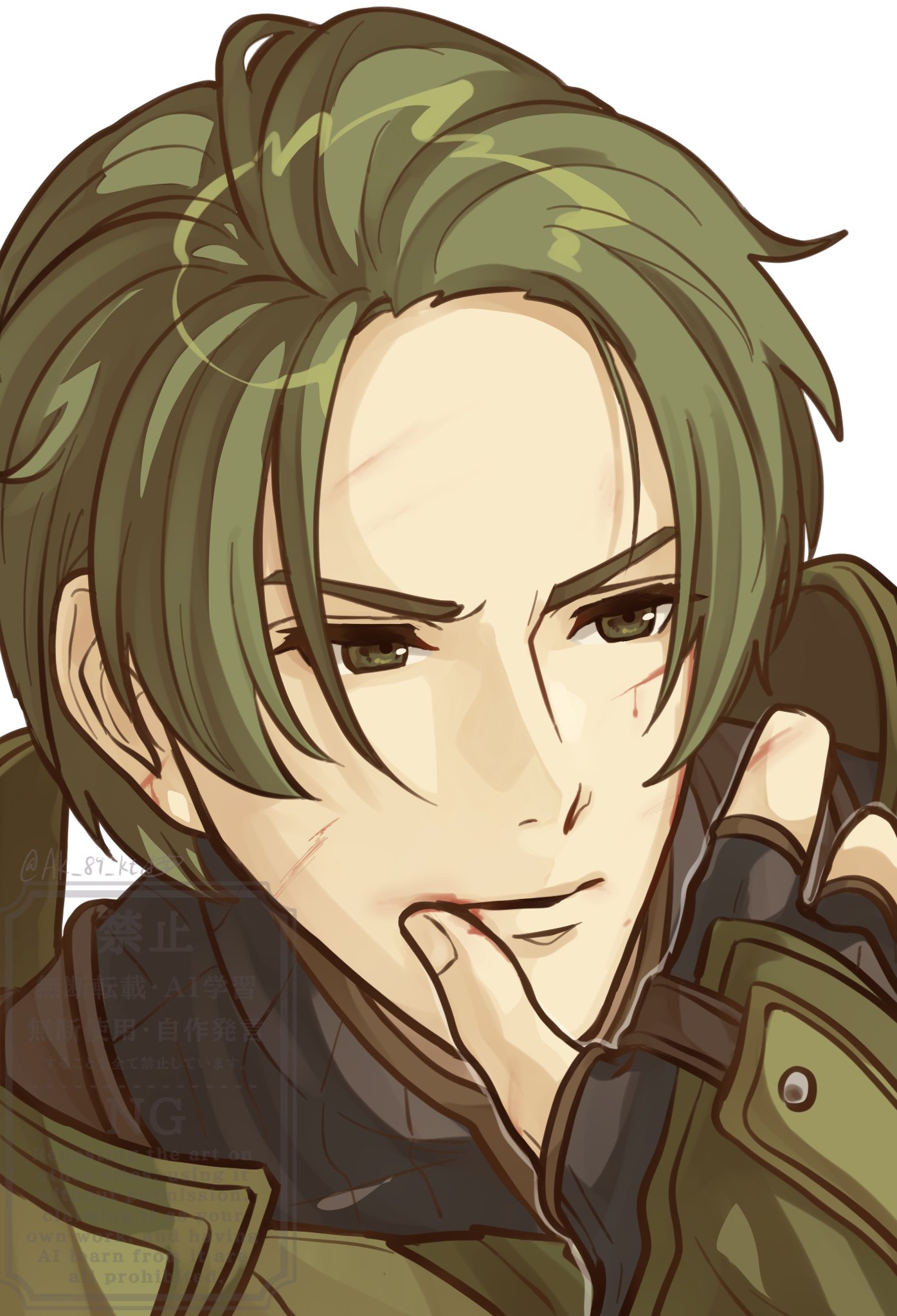 ak 87 kt, forsyth (fire emblem), fire emblem, fire emblem echoes: shadows of valentia, nintendo, highres, 1boy, armor, fingerless gloves, gloves, green armor, green eyes, green hair, male focus, scar, scar on face, solo