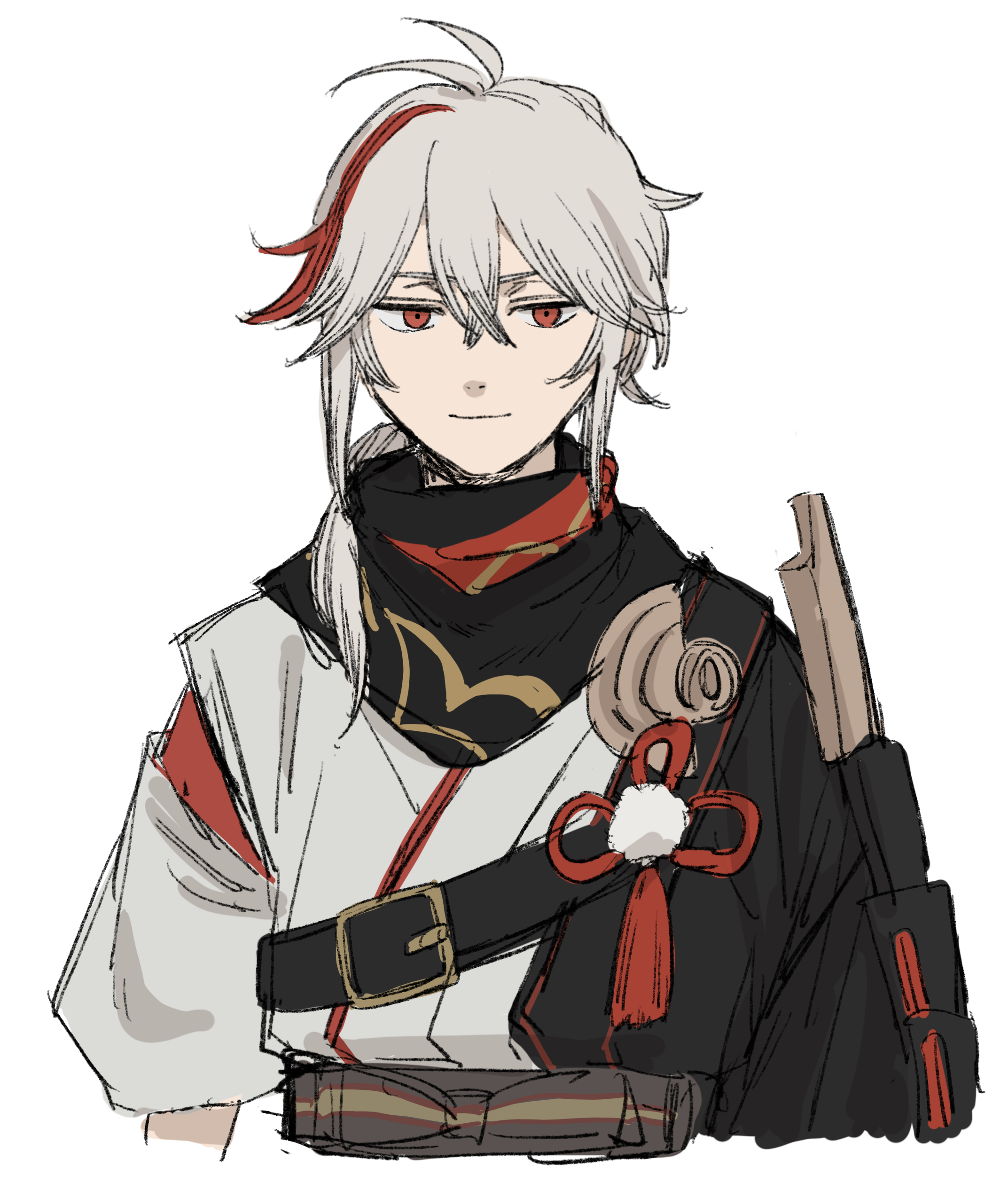 krmtknkoo1582, kaedehara kazuha, genshin impact, absurdres, commentary request, highres, 1boy, antenna hair, asymmetrical sidelocks, asymmetrical sleeves, belt, belt buckle, black belt, black kimono, black scarf, bow, brooch, brown bow, buckle, chest belt, closed mouth, cropped torso, crossed bangs, flower knot, gold buckle, hair between eyes, japanese clothes, jewelry, kimono, light smile, long hair, long sleeves, looking at viewer, male focus, multicolored hair, pom pom (clothes), print scarf, red eyes, red ribbon, ribbon, scarf, short sleeves, sidelocks, simple background, solo, streaked hair, tassel, two-tone kimono, waist bow, white background, white hair, white kimono