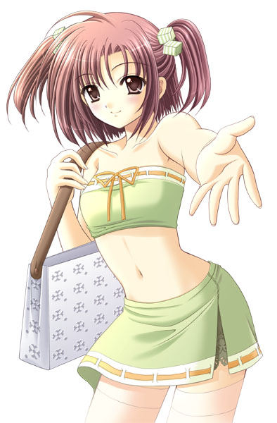 nishimata aoi, bag, blush, brown eyes, brown hair, solo, thighhighs, twintails, zettai ryouiki