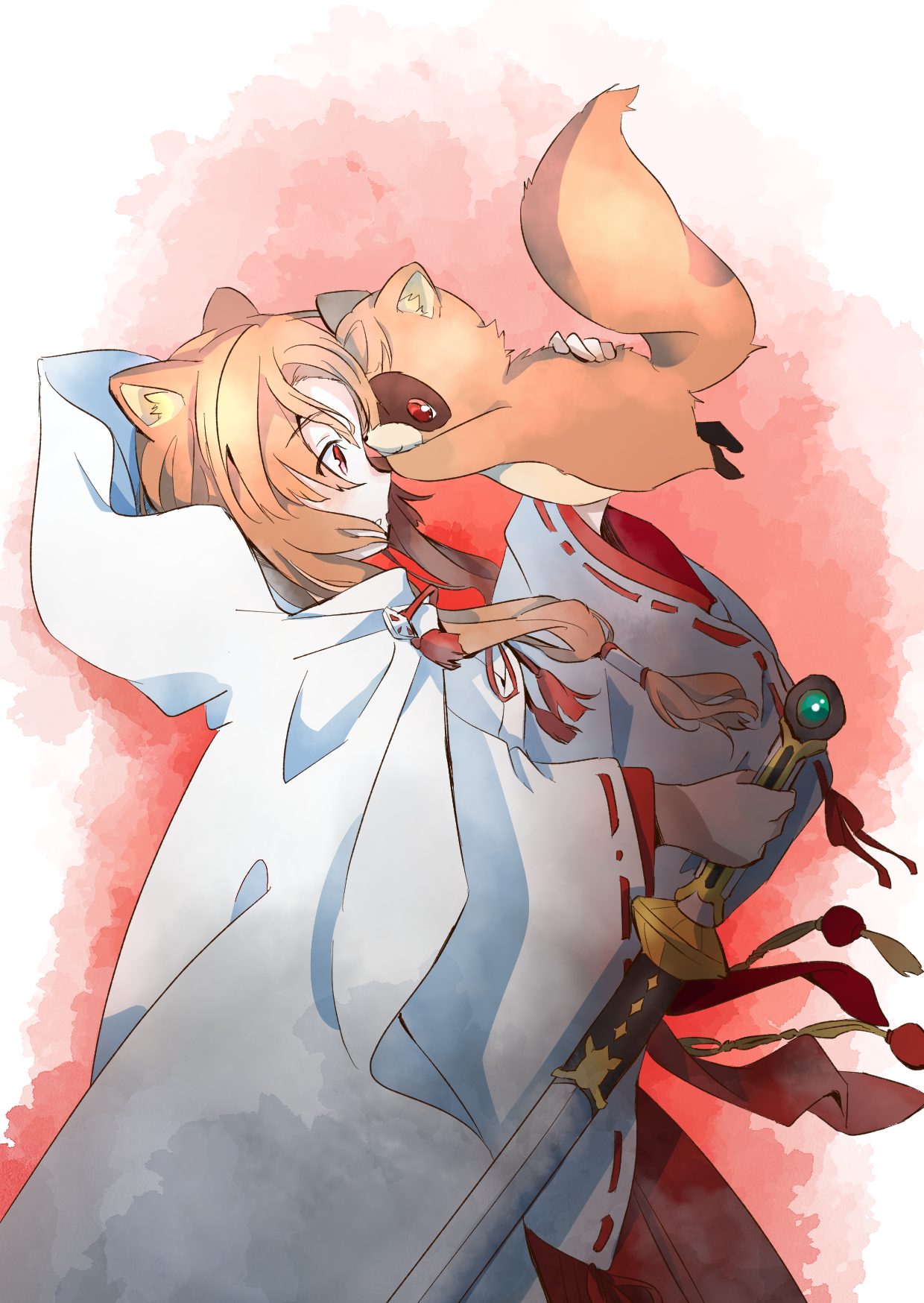 tiffanyung, raph-chan, raphtalia, tate no yuusha no nariagari, commentary request, highres, 1girl, 1other, abstract background, animal ear fluff, animal ears, brown hair, cloak, floating, full body, hair between eyes, hair tubes, hakama, hakama skirt, hand on animal, hand on another's back, hands up, holding, holding sword, holding weapon, hood, hood up, japanese clothes, katana, kosode, long hair, long sleeves, looking at another, neck tassel, nose, parted lips, raccoon ears, raccoon girl, red background, red eyes, red hakama, red ribbon, red skirt, ribbon, ribbon-trimmed sleeves, ribbon trim, skirt, straight hair, sword, tanuki, tassel, upper body, vassal katana (tate no yuusha no nariagari), vassal katana (white tiger katana) (tate no yuusha no nariagari), weapon, white background, white cloak, white kosode
