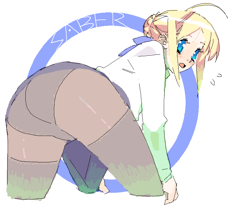 meisamu, artoria pendragon (fate), saber (fate), fate/stay night, fate (series), bad id, bad pixiv id, 00s, ahoge, ass, blonde hair, blouse, blue eyes, oekaki, panties, panties under pantyhose, pantyhose, shirt, solo, underwear
